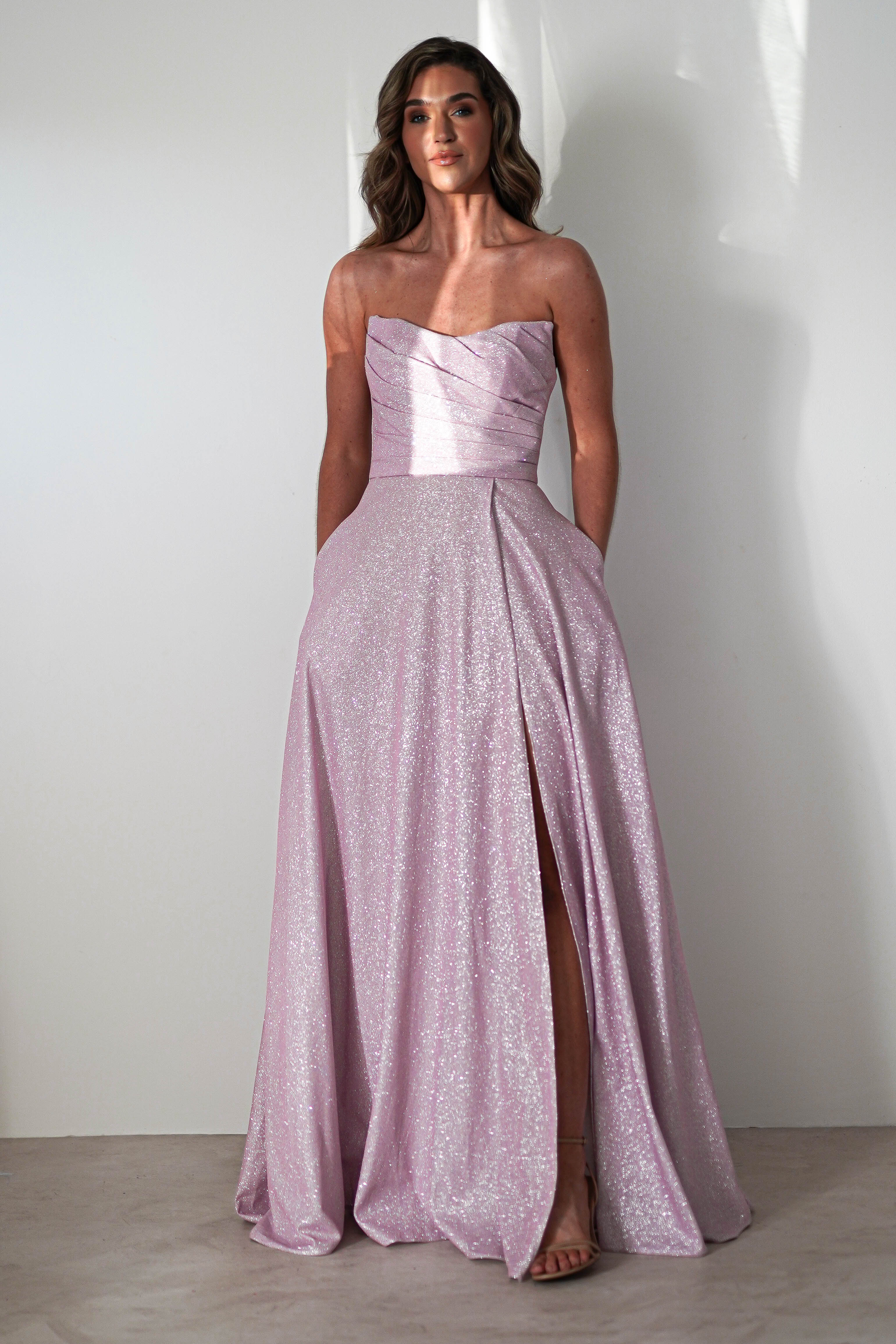 Cassia Strapless Glitter Aline Gown | Pink