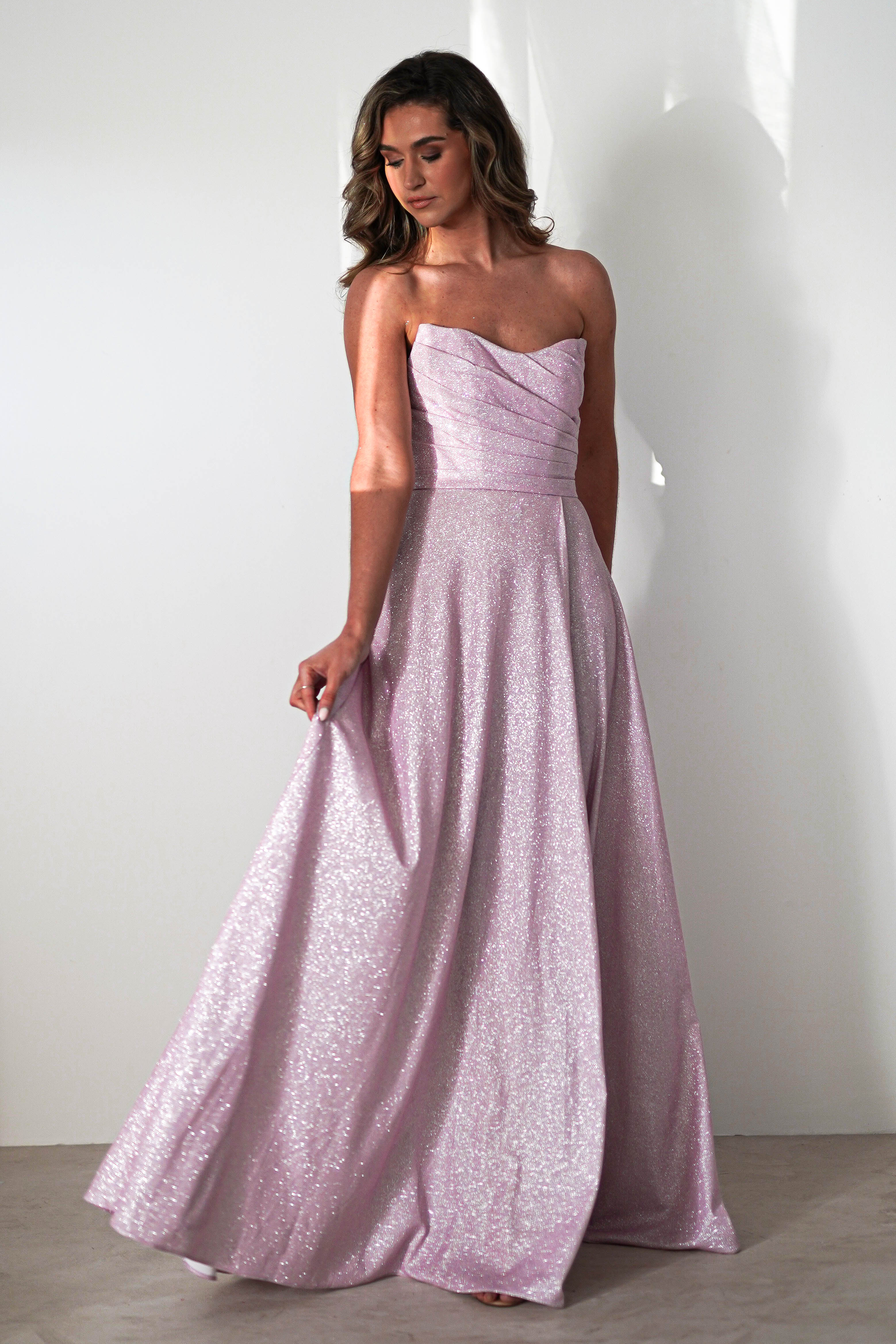 Cassia Strapless Glitter Aline Gown | Pink