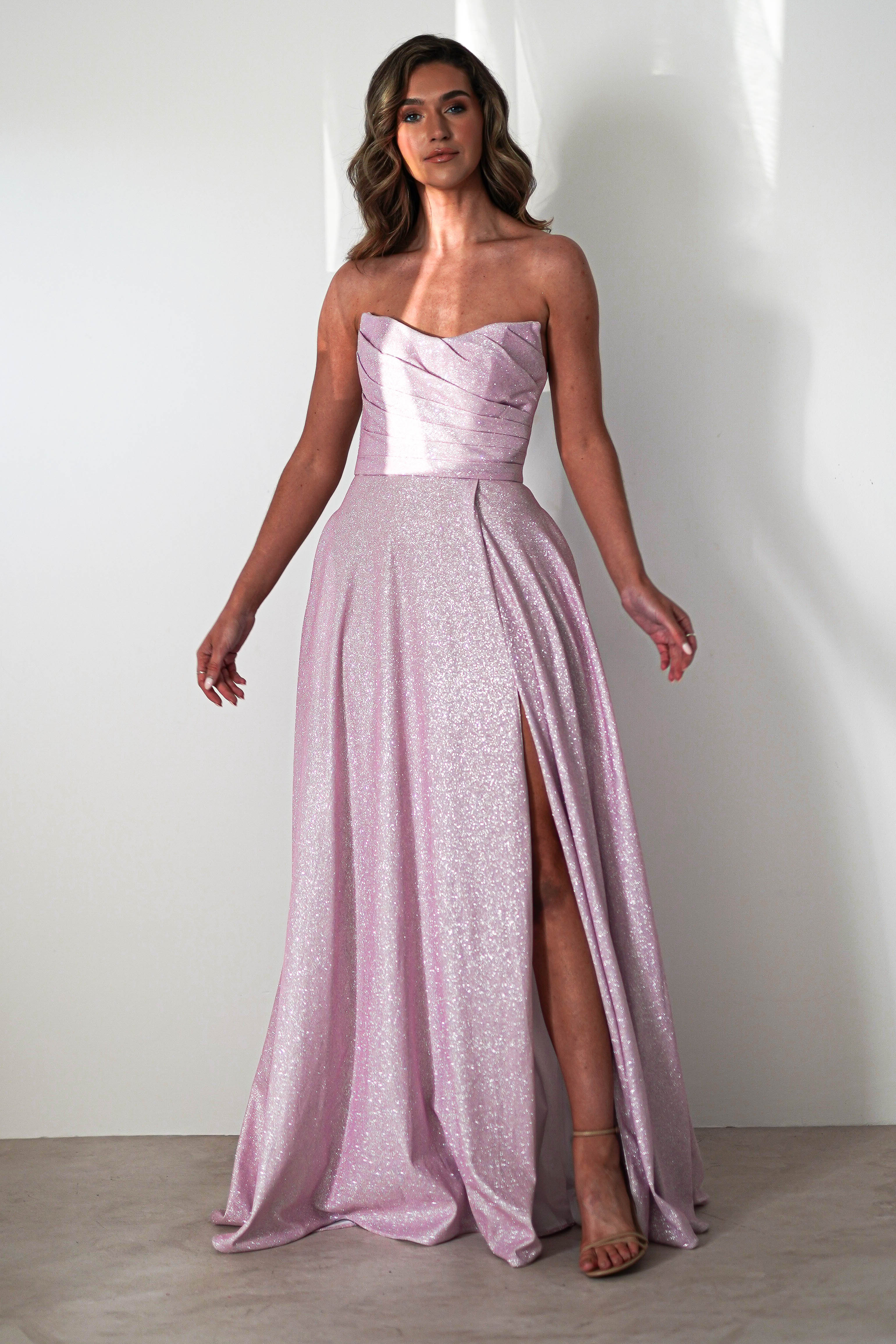 Cassia Strapless Glitter Aline Gown | Pink