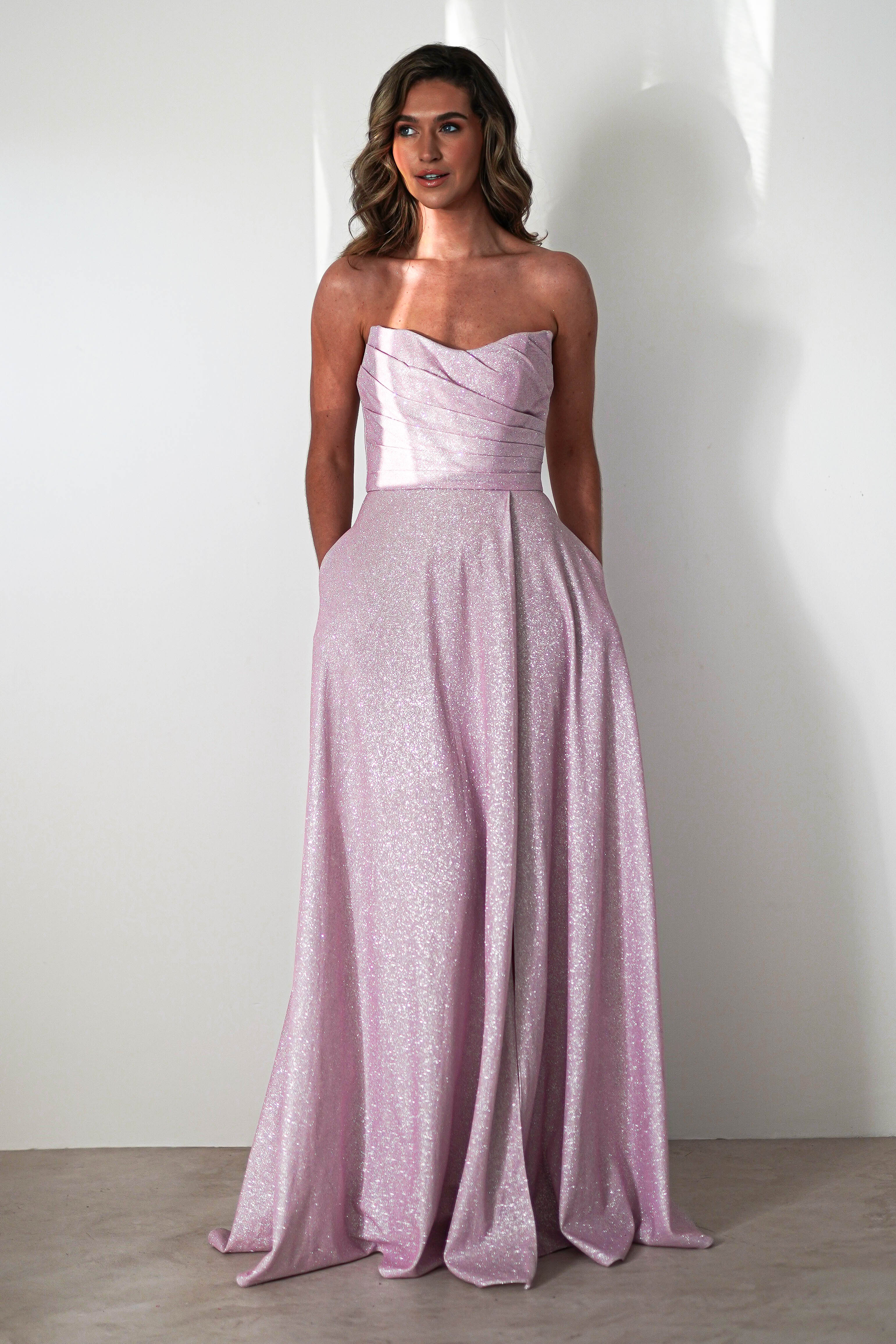 Cassia Strapless Glitter Aline Gown | Pink