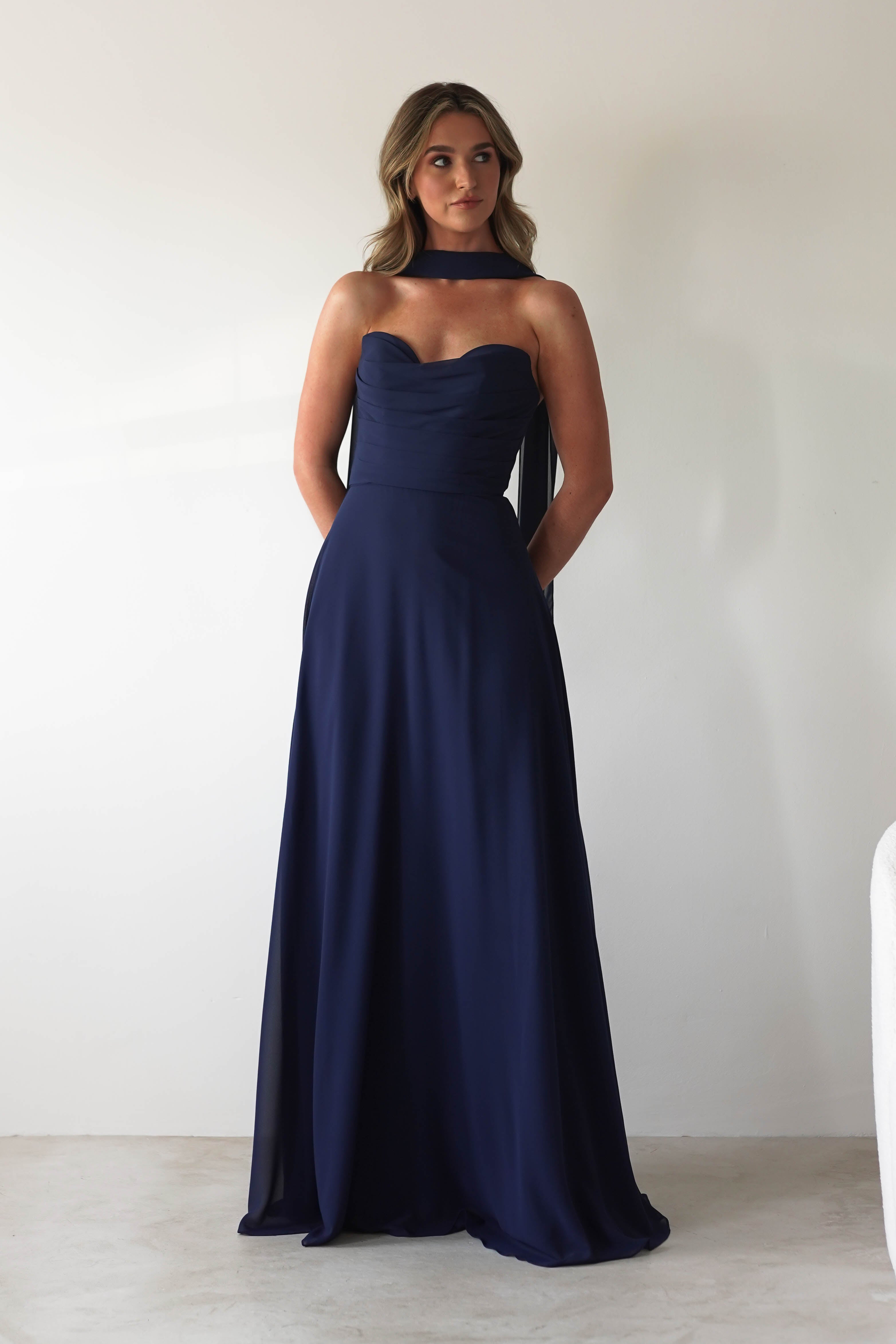 Delphine Chiffon Strapless Maxi Dress | Navy | Oh Hello Clothing | XS (6)