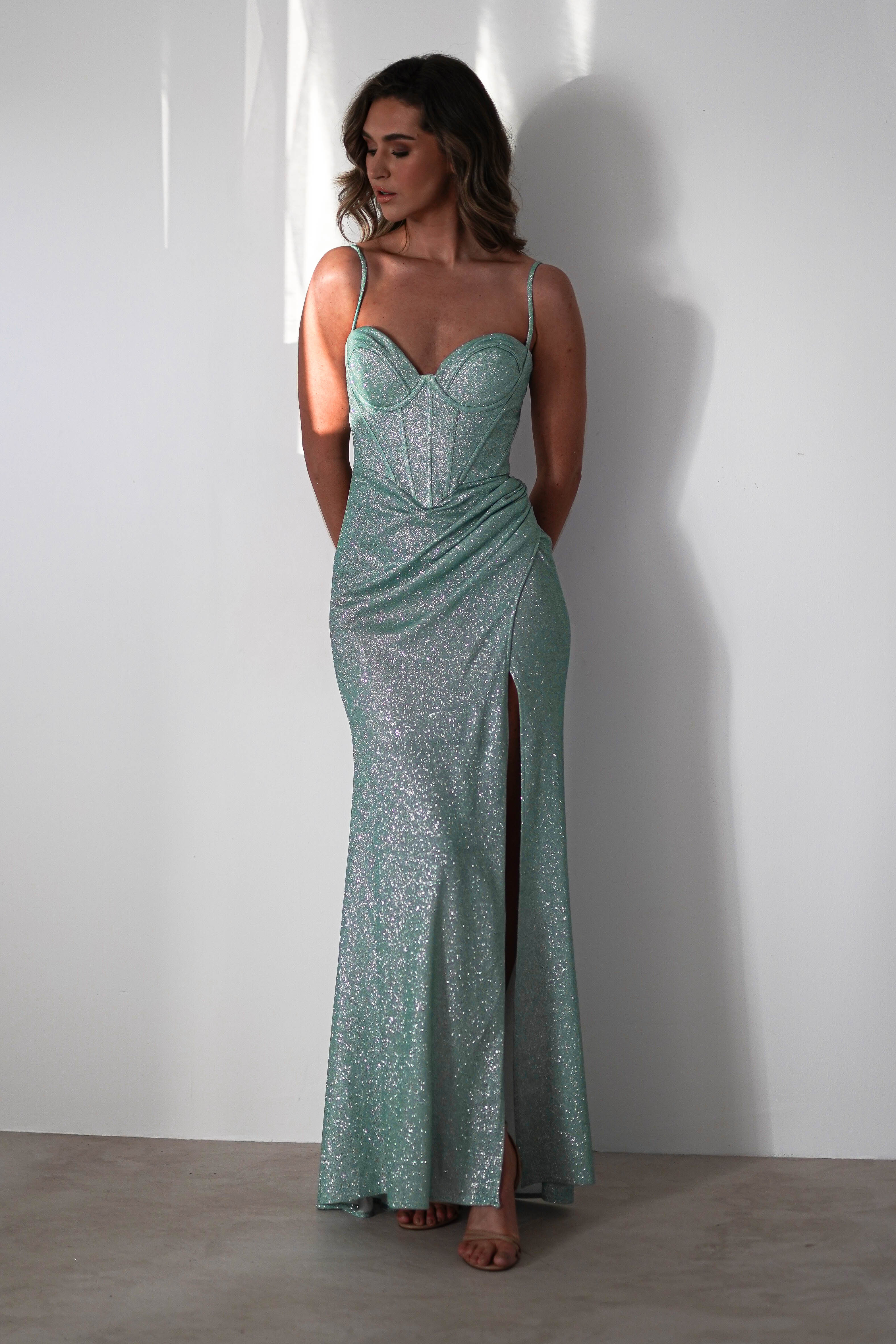 Anastasia Glitter Sweetheart Gown | Light Green