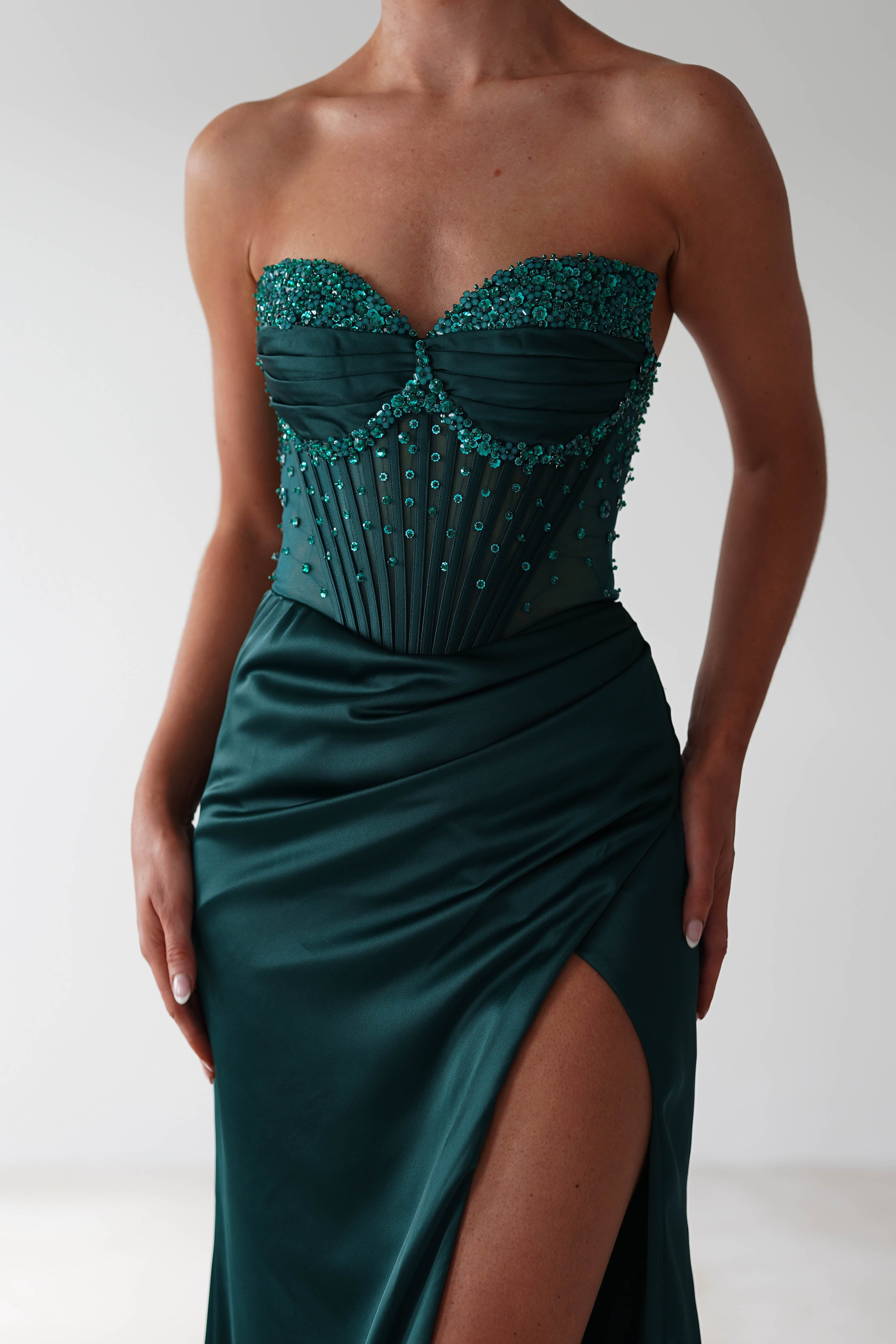 Theodora Strapless Embellished Gown | Dark Green