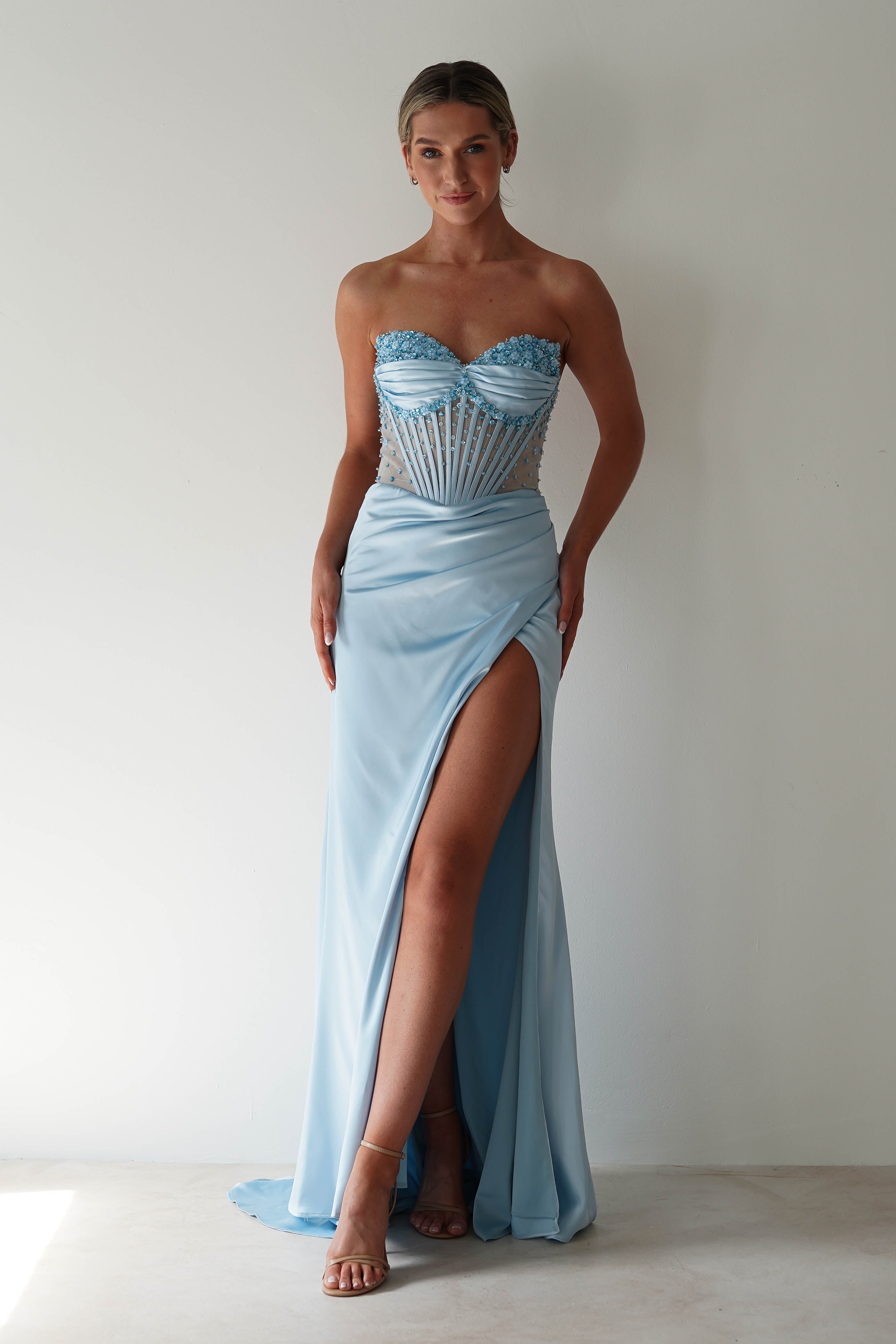 Theodora Strapless Embellished Gown | Blue