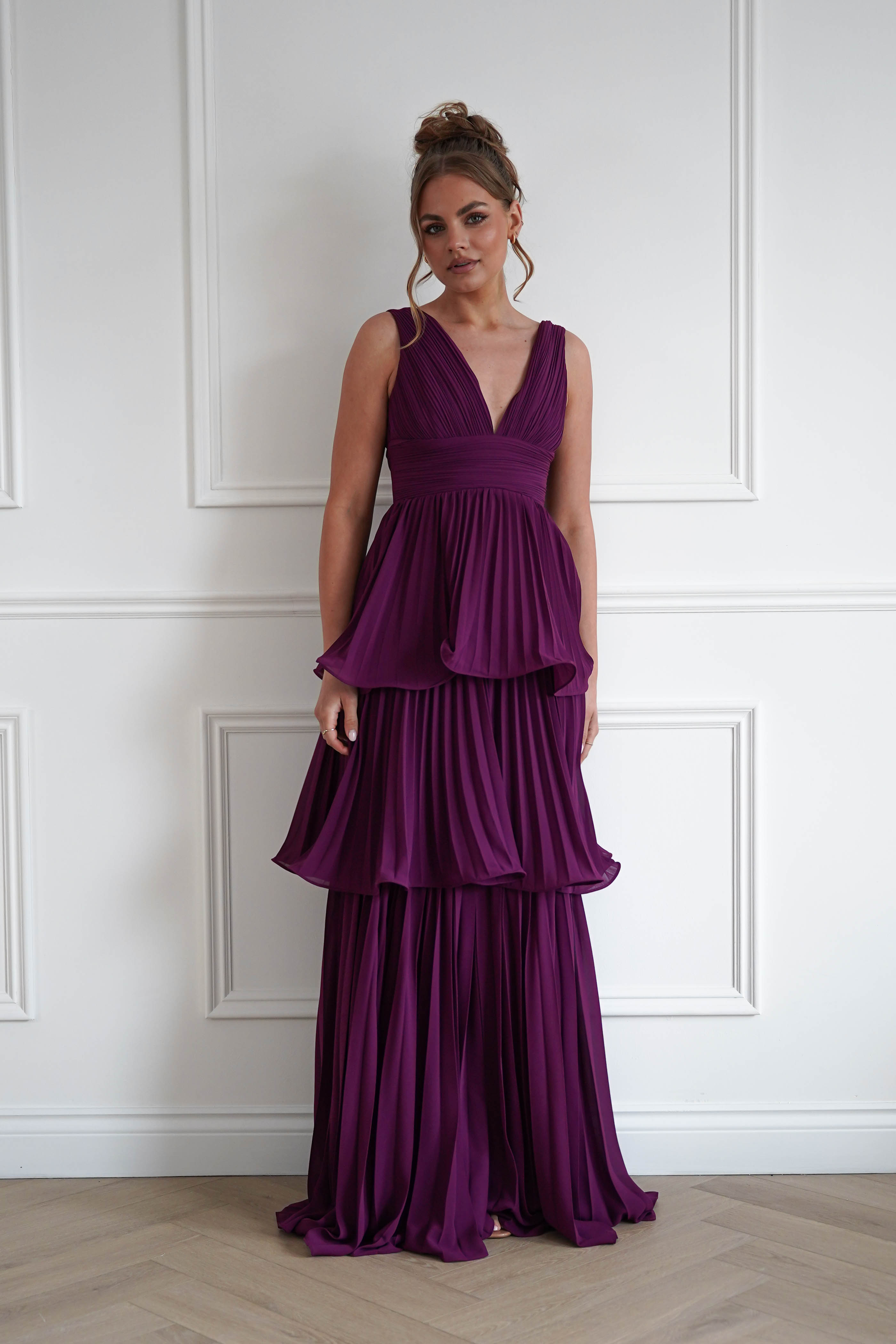 Oh Hello Clothing Women > Clothing > Dresses 1*DONE-Vina Tiered Pleated Layered Maxi Dress | PLUM