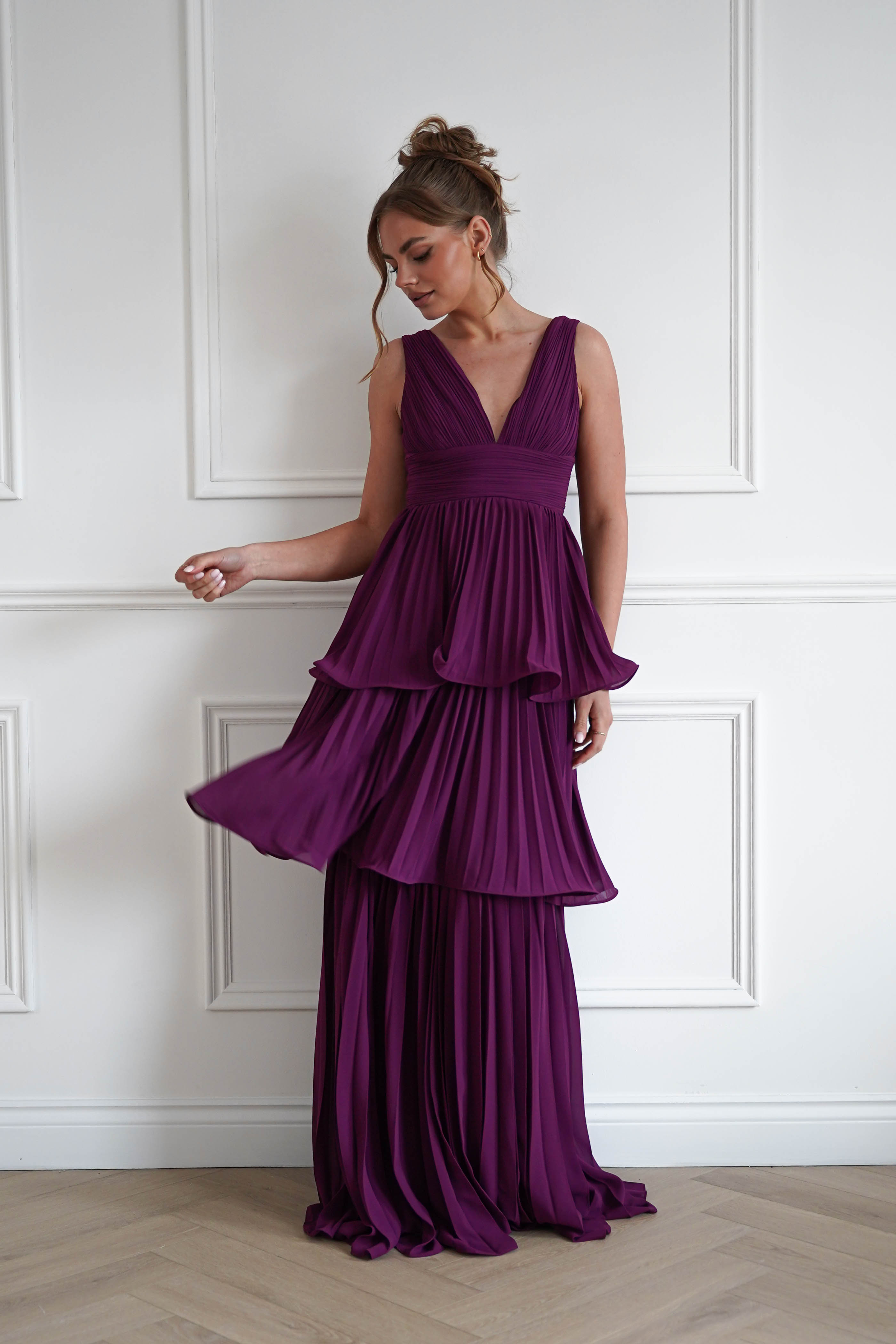 Oh Hello Clothing Women > Clothing > Dresses 1*DONE-Vina Tiered Pleated Layered Maxi Dress | PLUM