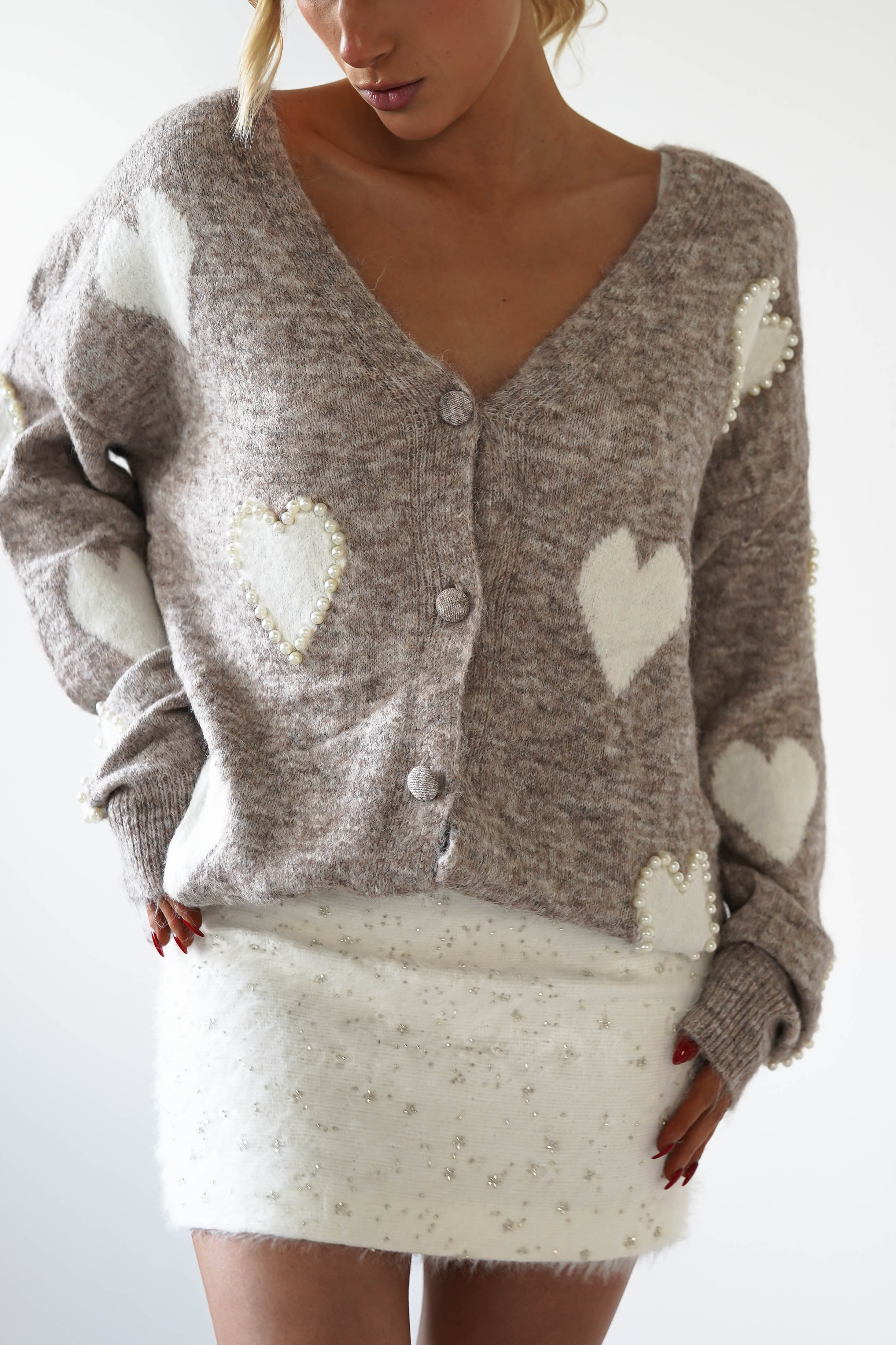 Lilah Pearl Heart Oversized Cardigan | Taupe