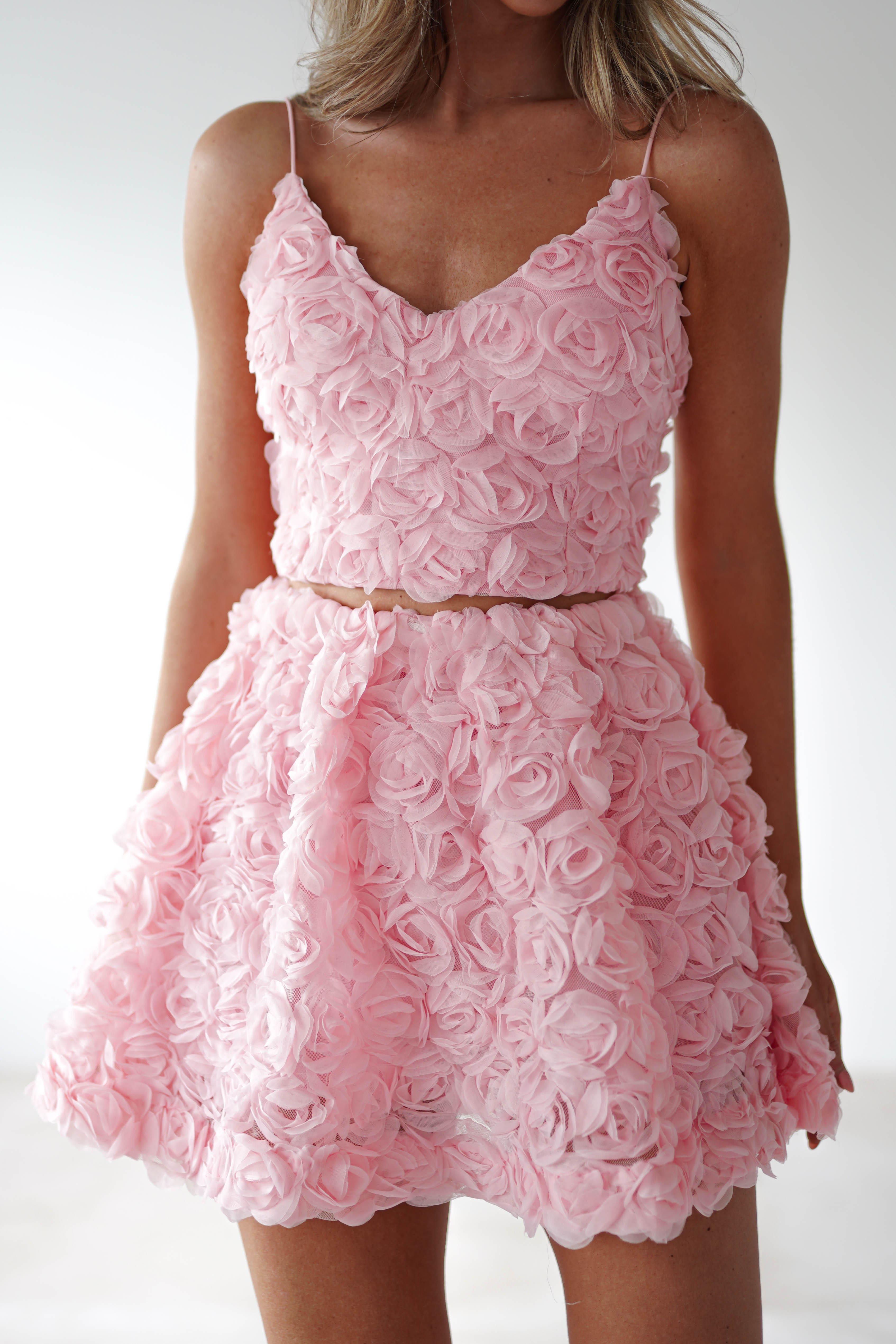 Lydia Floral-Appliqué Top & Skirt Set | Pink