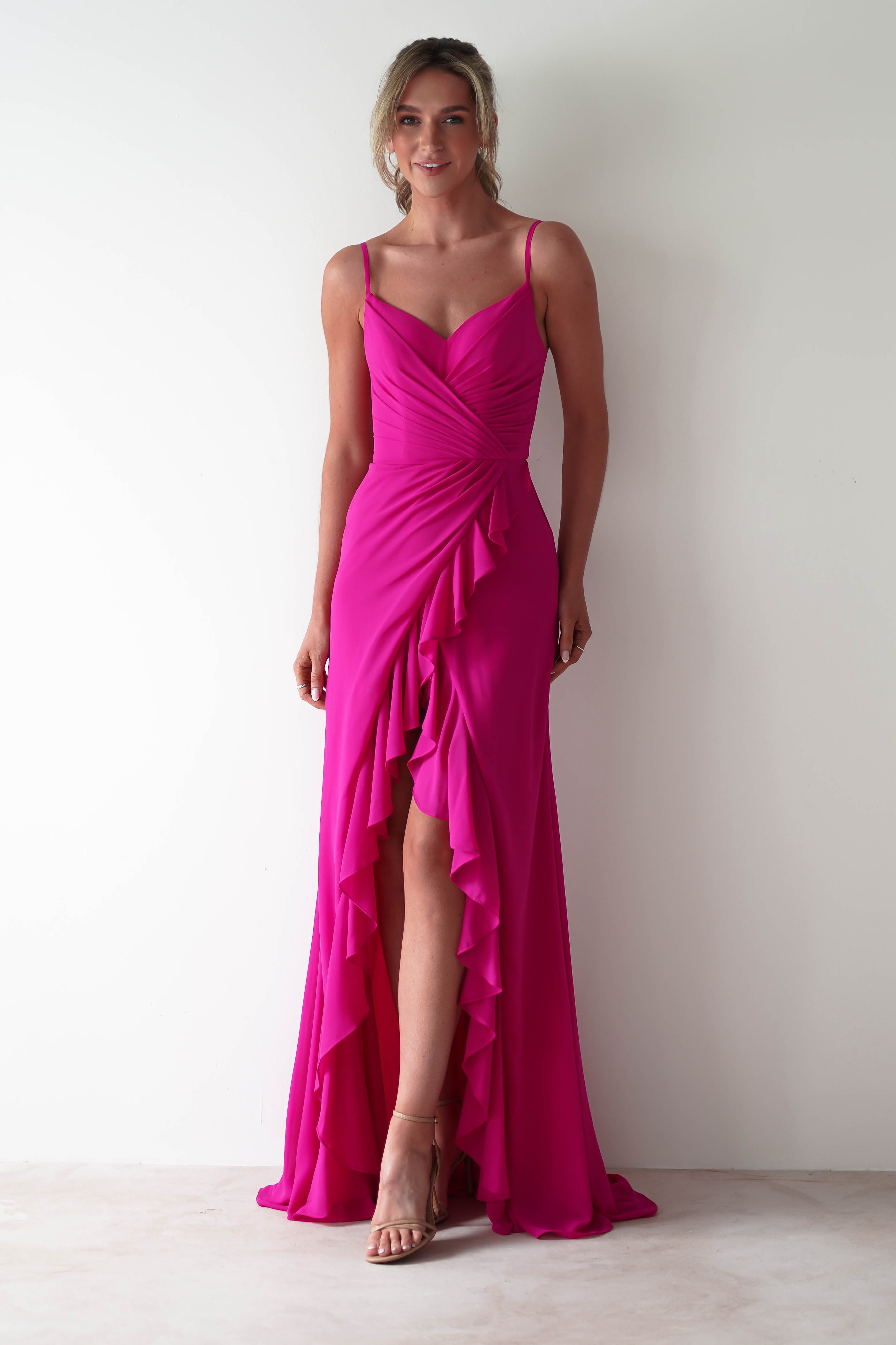 Kendra Ruffle Chiffon Maxi Dress | Hot Pink