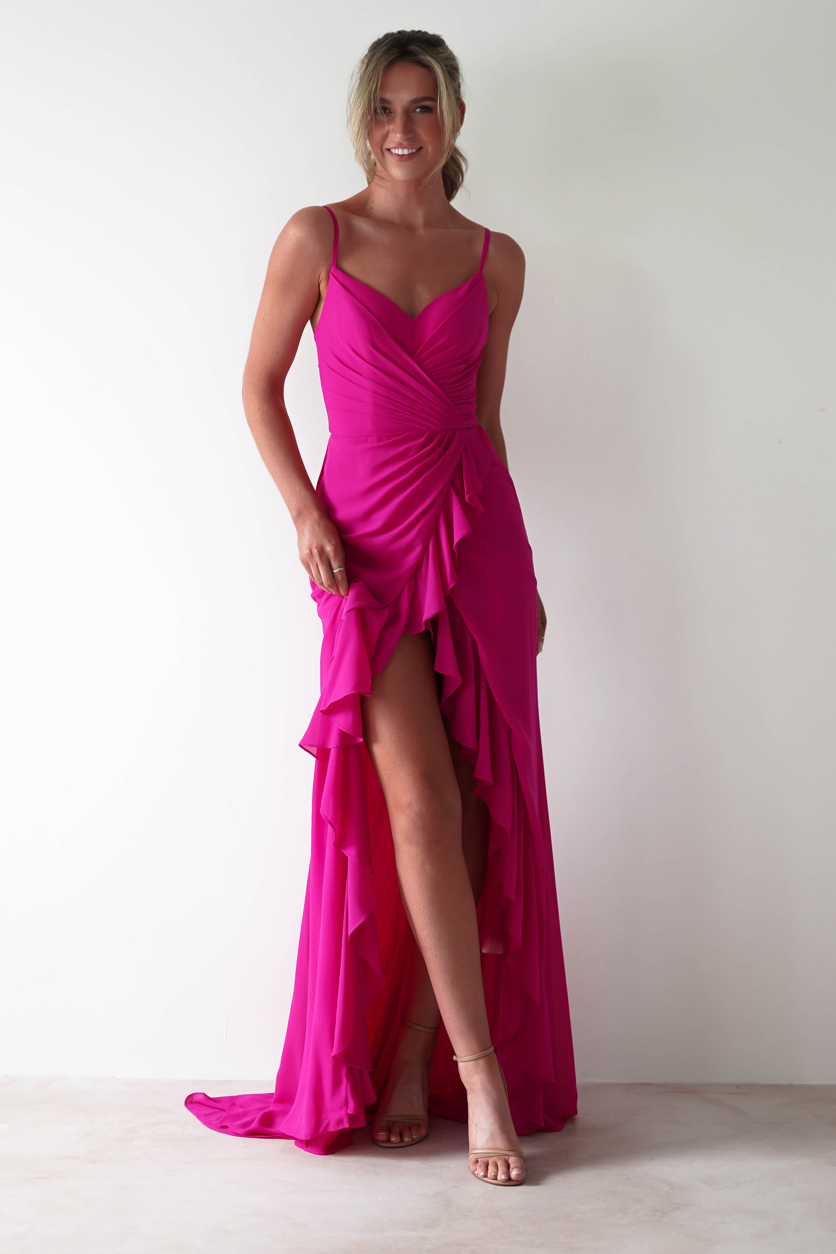 Kendra Ruffle Chiffon Maxi Dress | Hot Pink