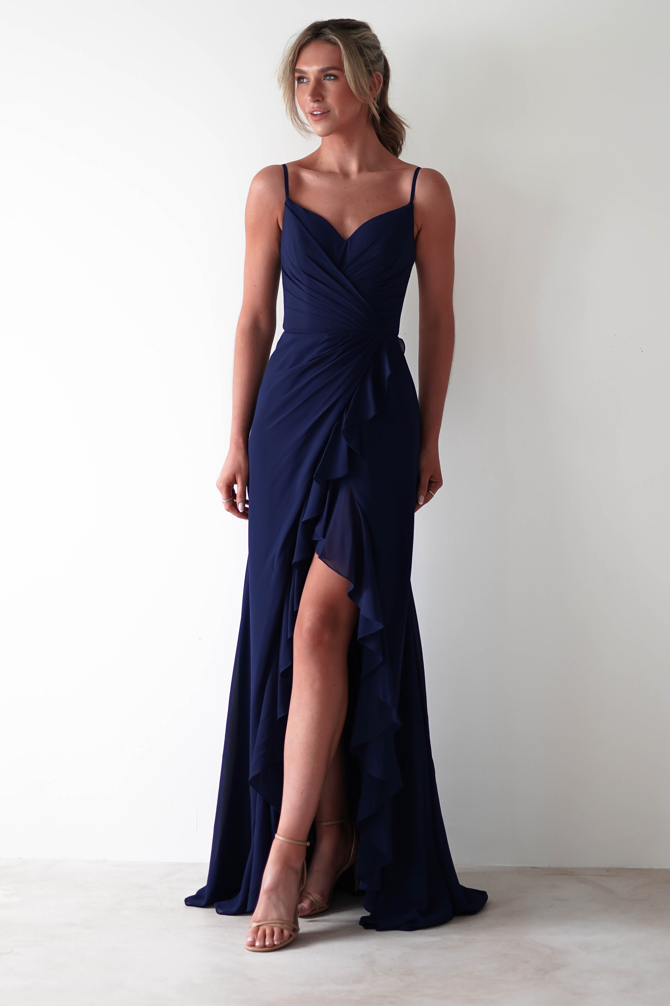 Kendra Ruffle Chiffon Maxi Dress | Navy