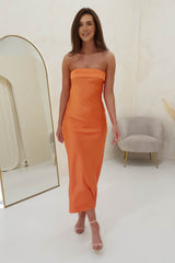 Whitney Satin Strapless Midi Dress | Orange
