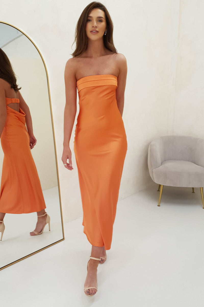 Whitney Satin Strapless Midi Dress | Orange