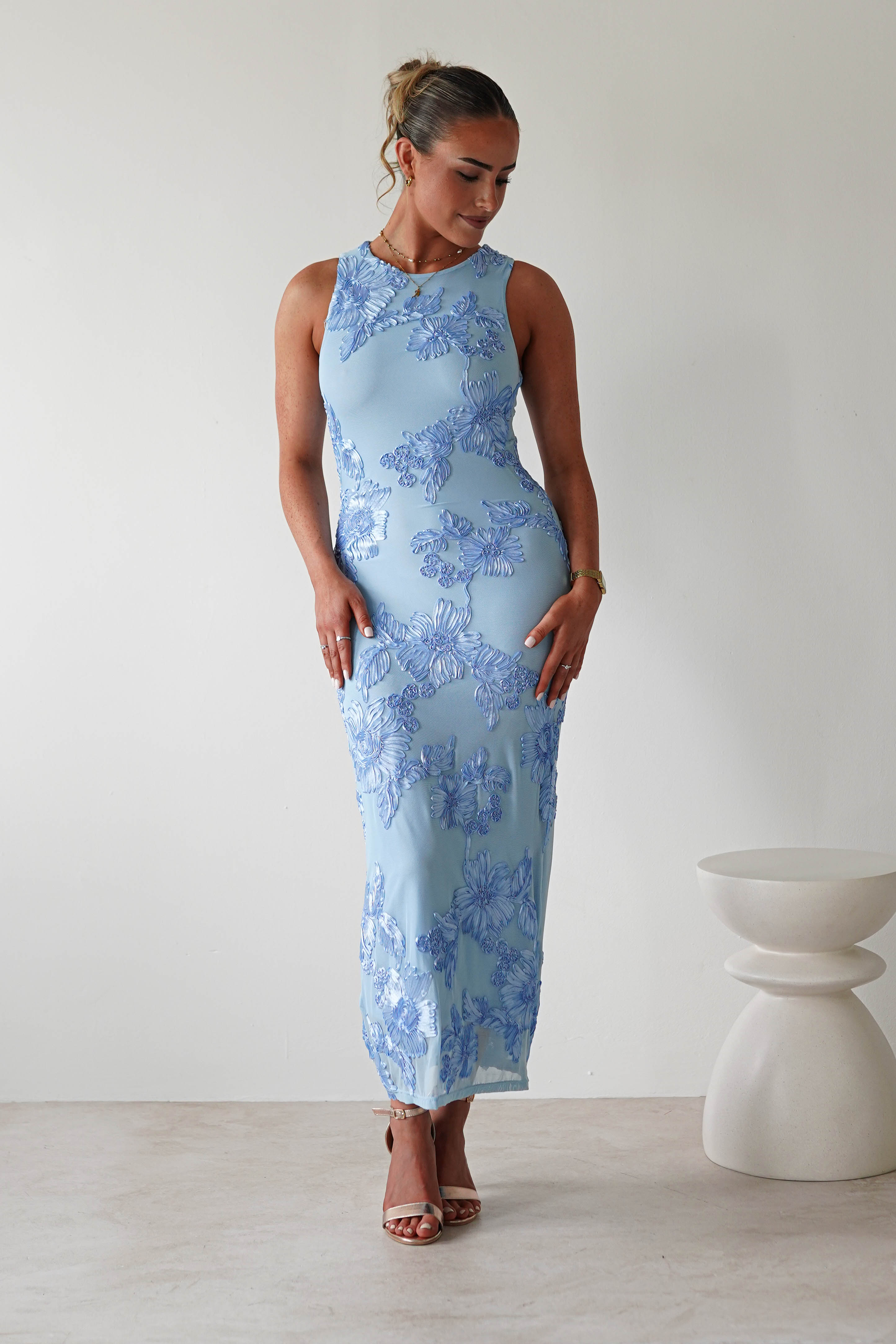 Eliana Bodycon Midi Dress | Blue Textured | Oh Hello Clothing | S (8)