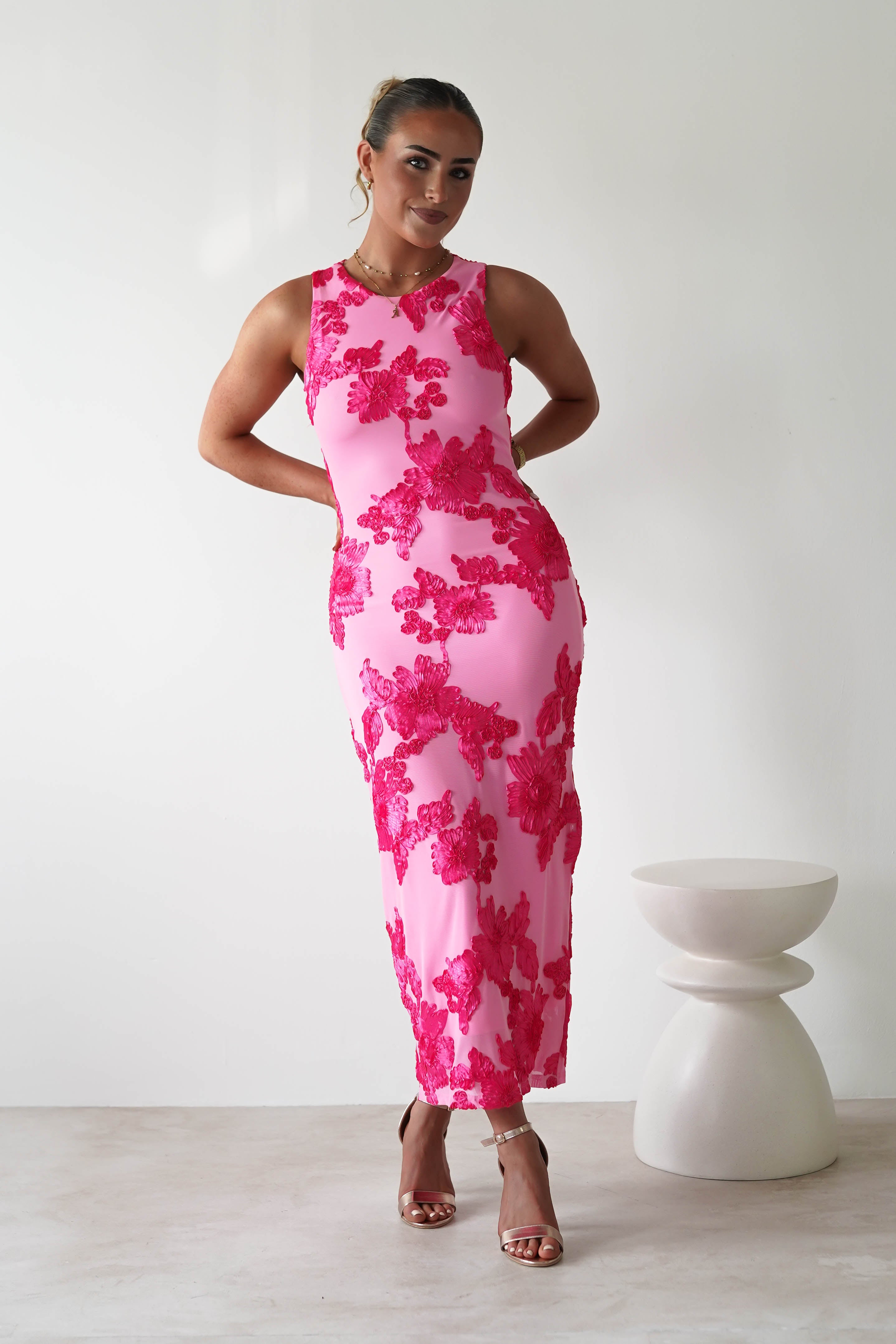 Eliana Bodycon Midi Dress | Pink Textured | Oh Hello Clothing | S (8)