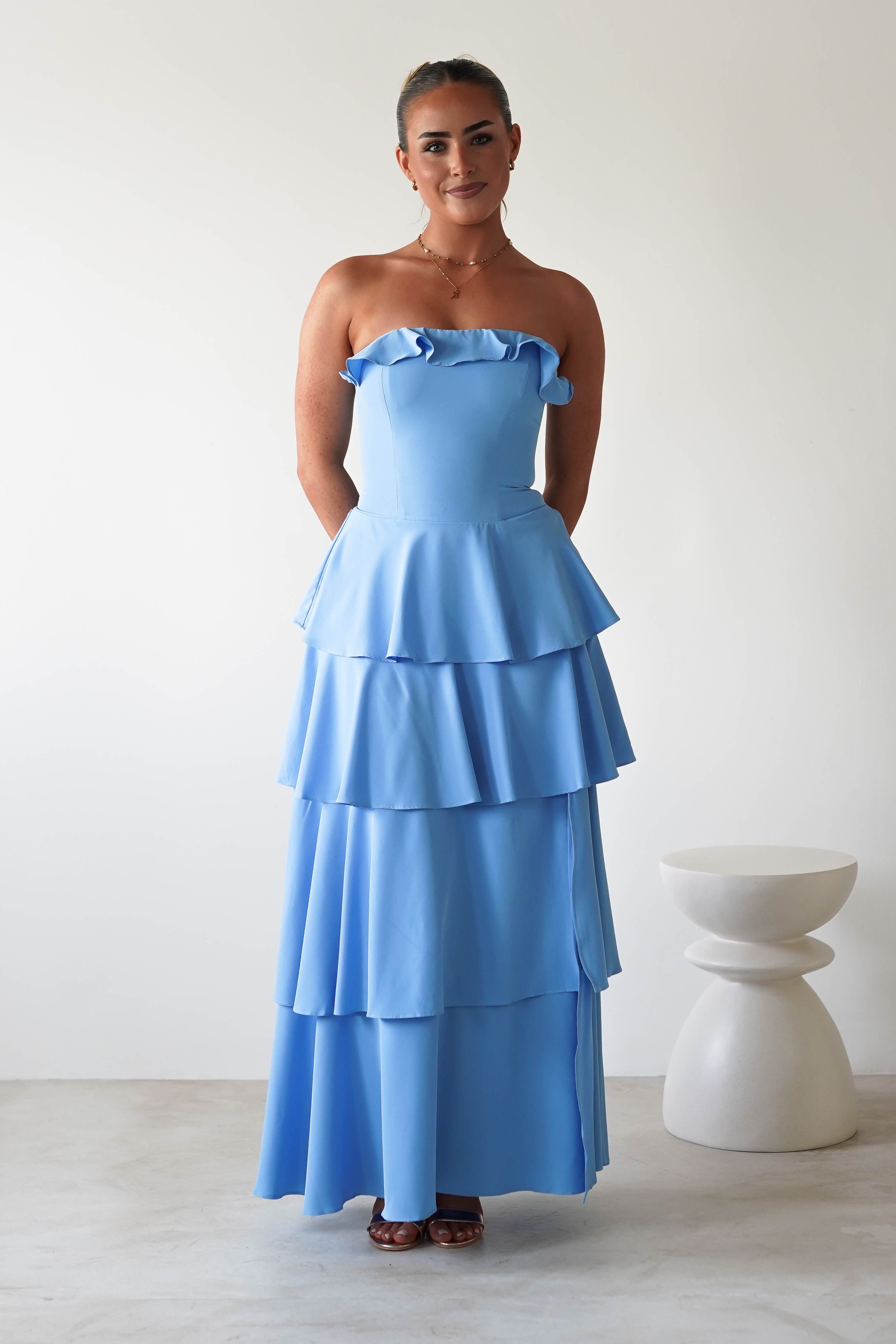 Freya Ruffle Strapless Maxi Dress | Blue | Oh Hello Clothing | XS (6)