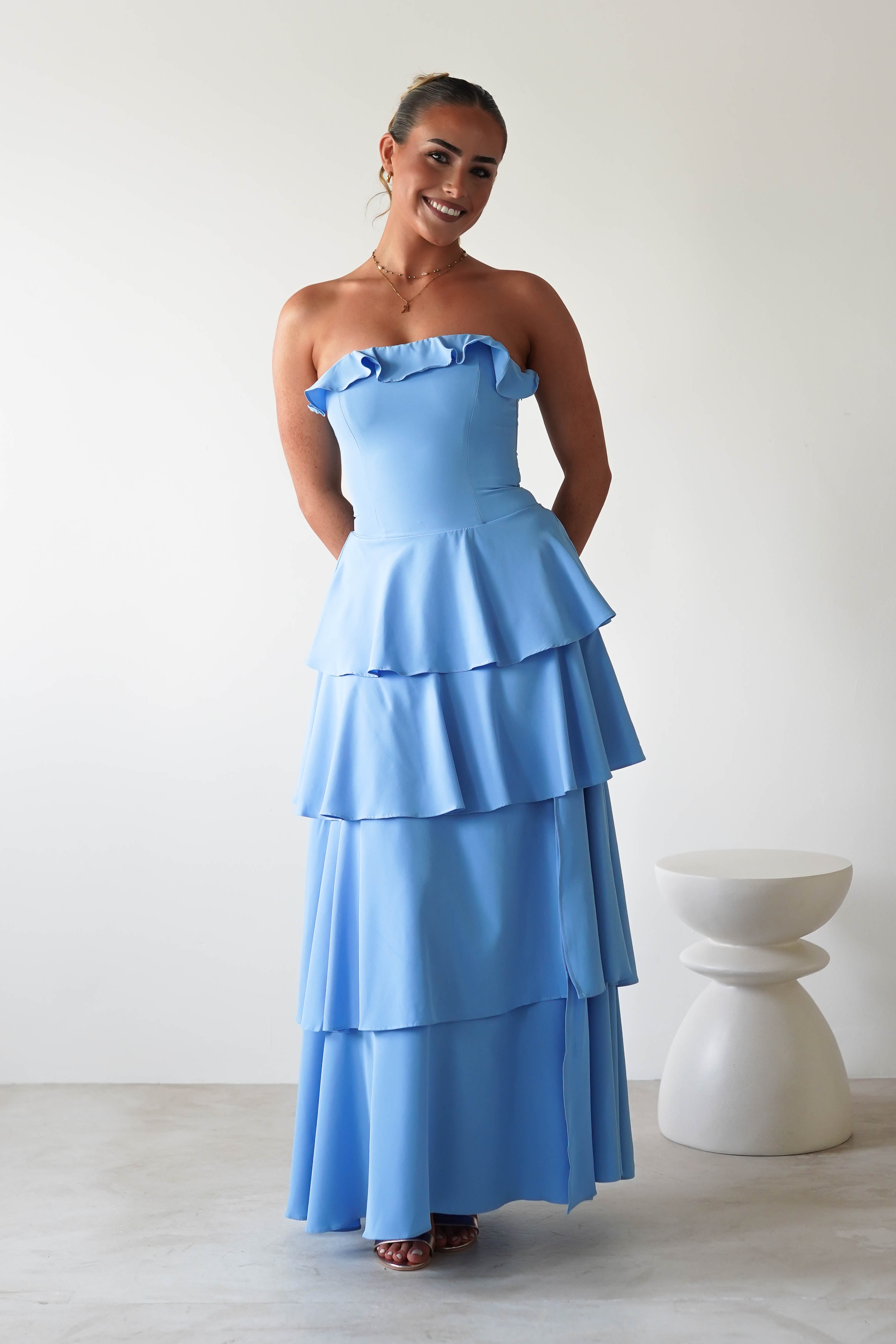Freya Ruffle Strapless Maxi Dress | Blue | Oh Hello Clothing | XS (6)