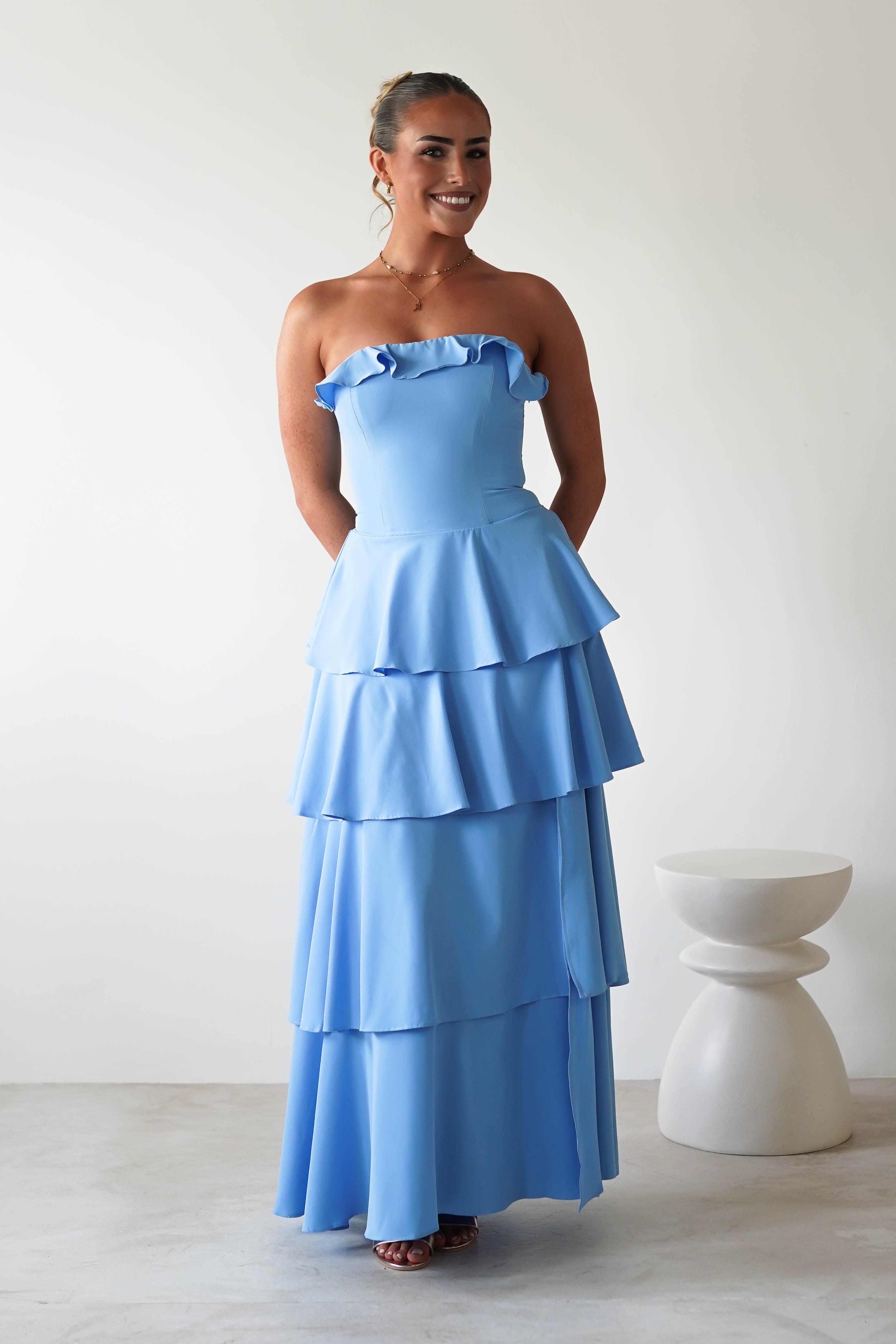 Freya Ruffle Strapless Maxi Dress | Blue | Oh Hello Clothing | XS (6)