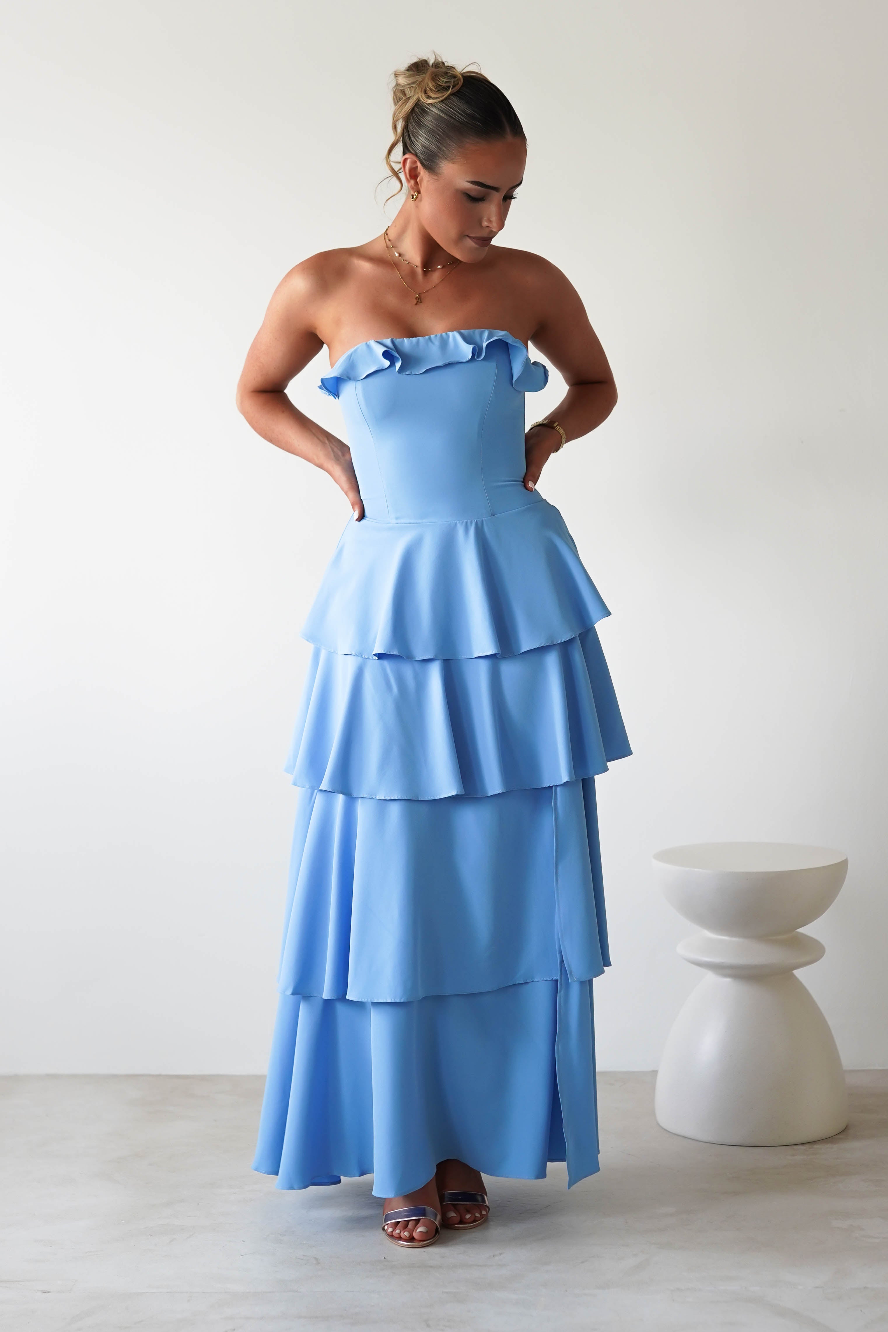 Freya Ruffle Strapless Maxi Dress | Blue | Oh Hello Clothing | XS (6)