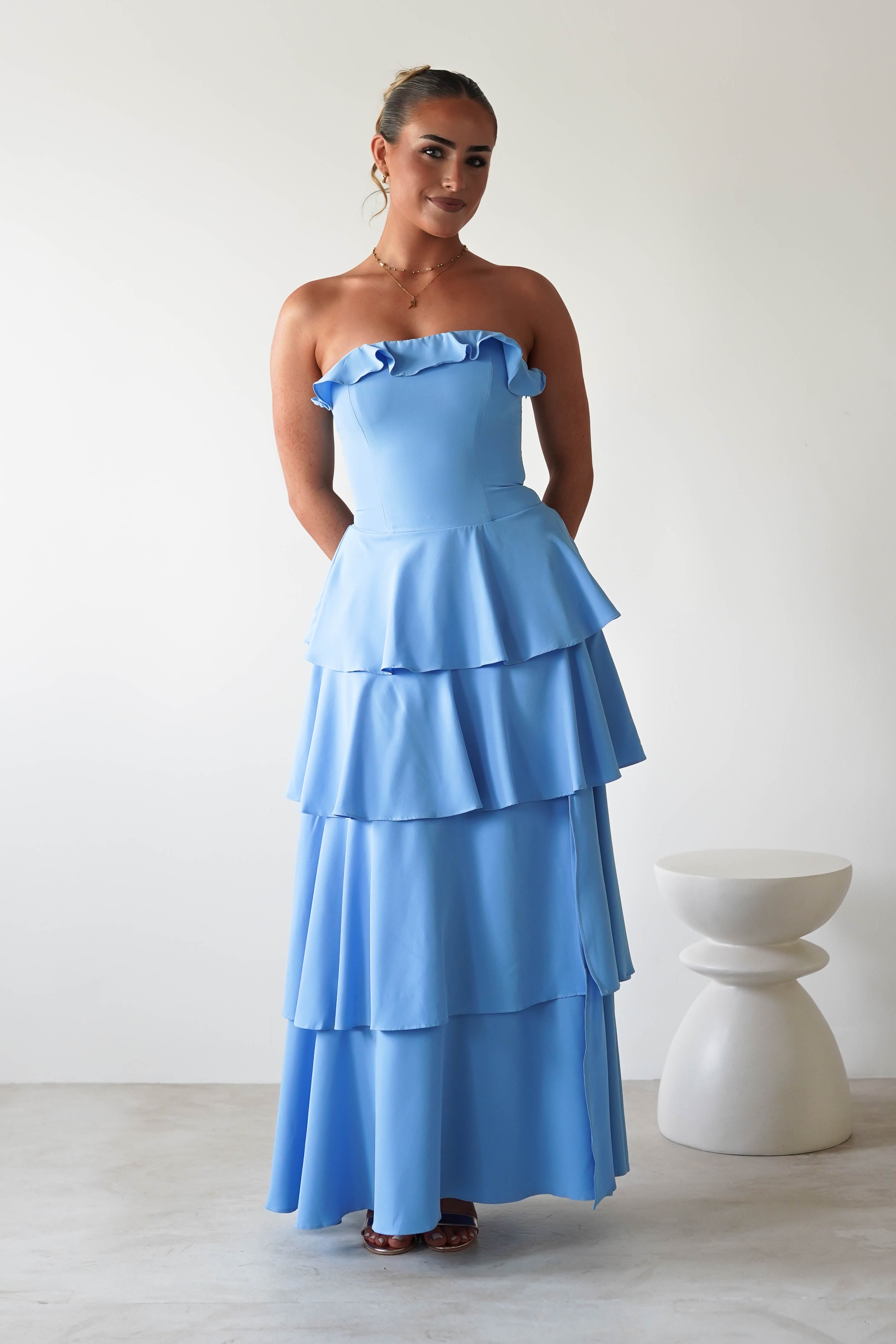 Freya Ruffle Strapless Maxi Dress | Blue | Oh Hello Clothing | XS (6)