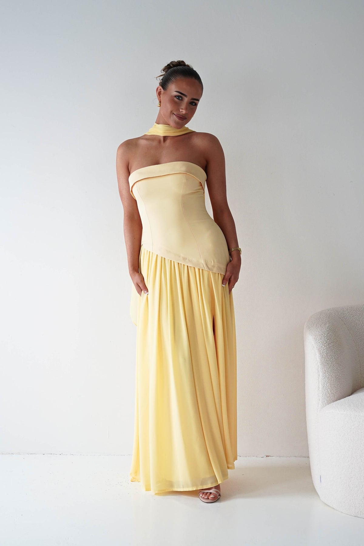 Yellow Wedding Guest Elva Strapless Asymmetric Waist Maxi Dress M (10)