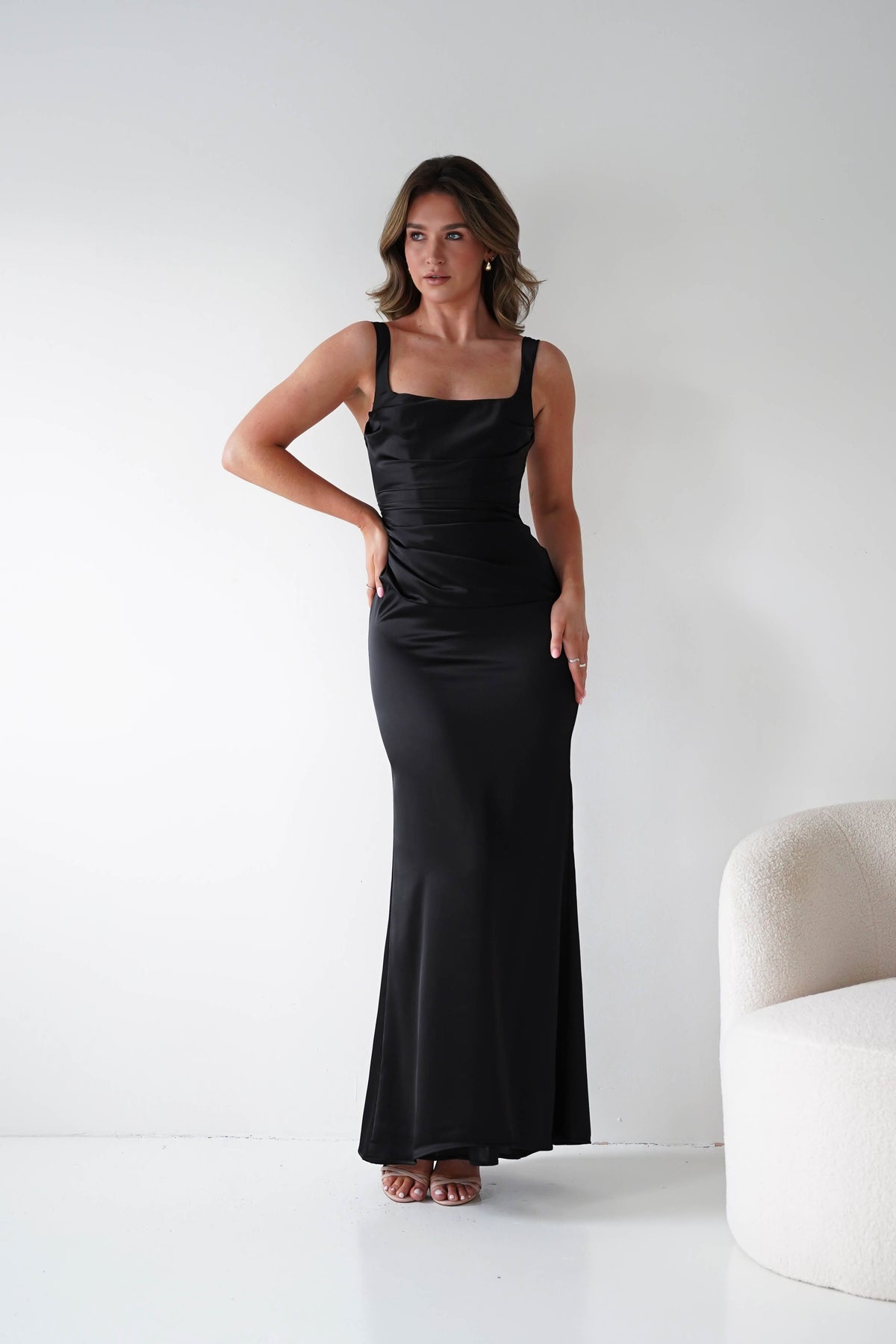 Addison Sqaure Neck Satin Maxi Dress | Black-Oh Hello Clothing
