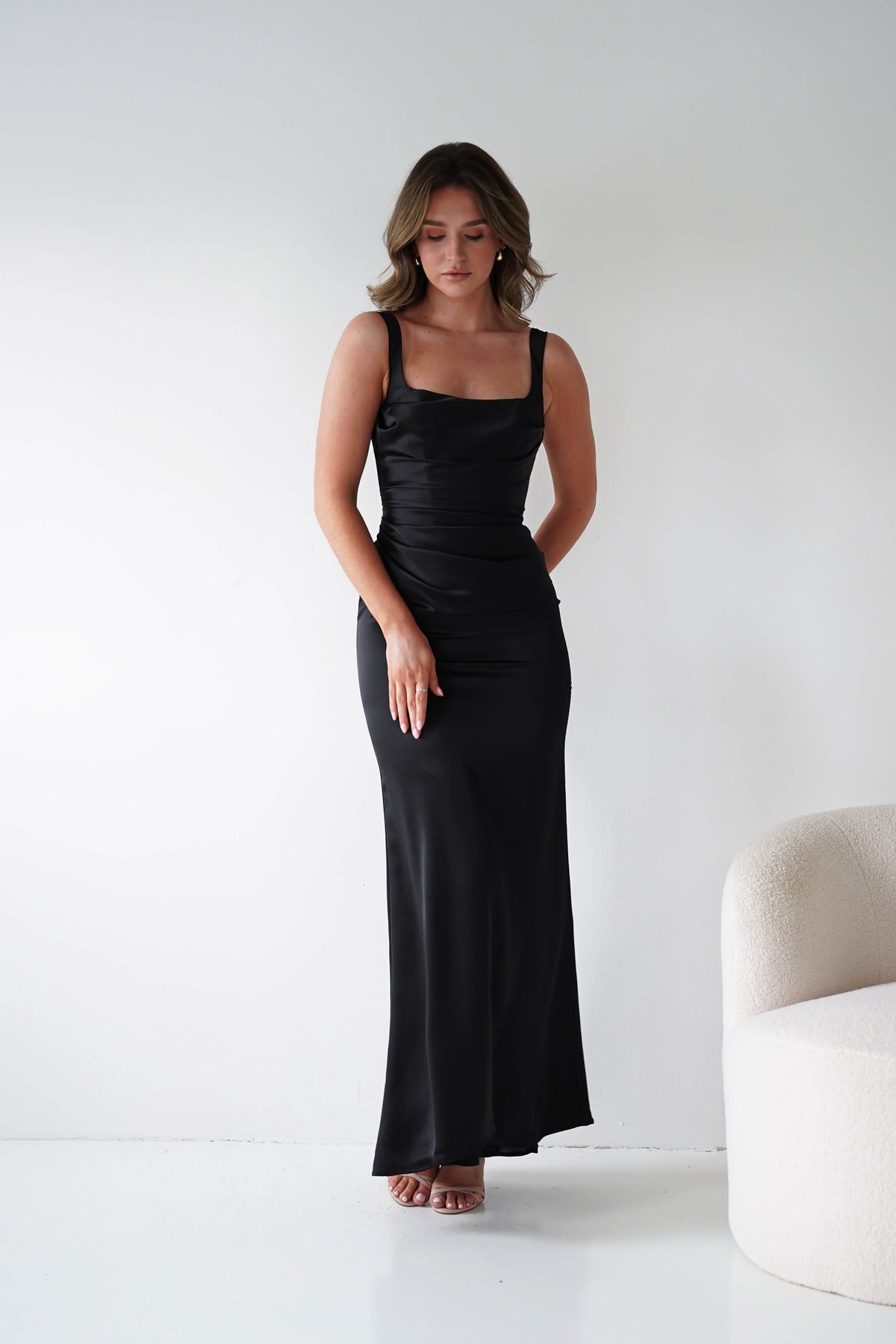 Addison Sqaure Neck Satin Maxi Dress | Black-Oh Hello Clothing