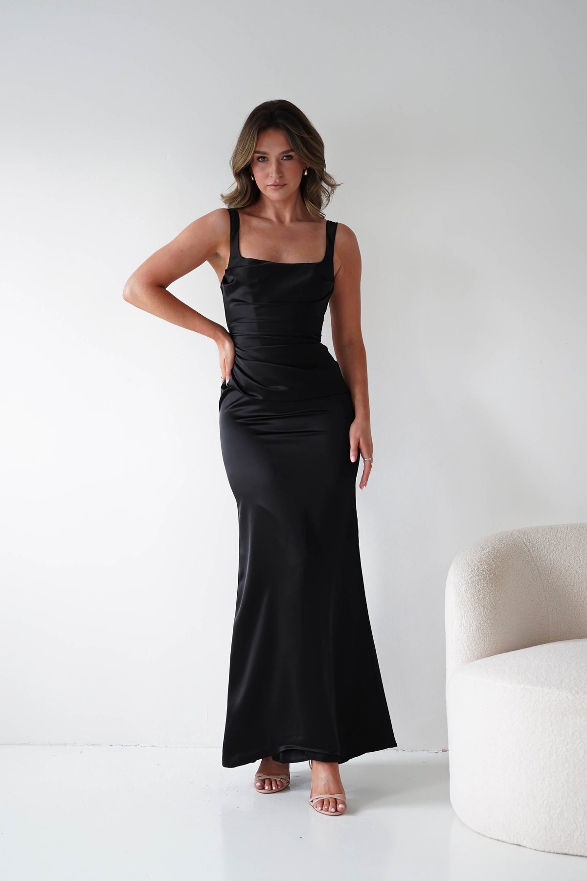 Addison Sqaure Neck Satin Maxi Dress | Black-Oh Hello Clothing