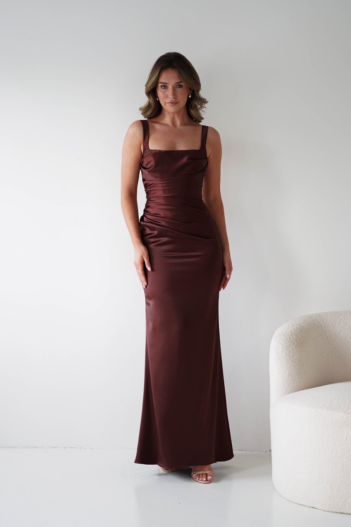 womens brown formal dress Addison Sqaure Neck Satin Maxi | Espresso formal dark brown dress
