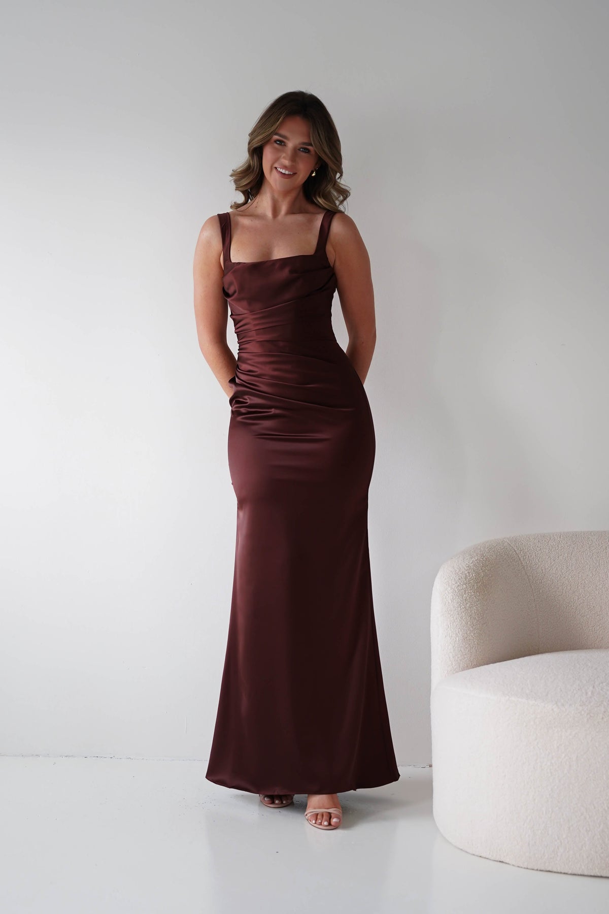 Addison Sqaure Neck Satin Maxi Dress | Espresso-Oh Hello Clothing