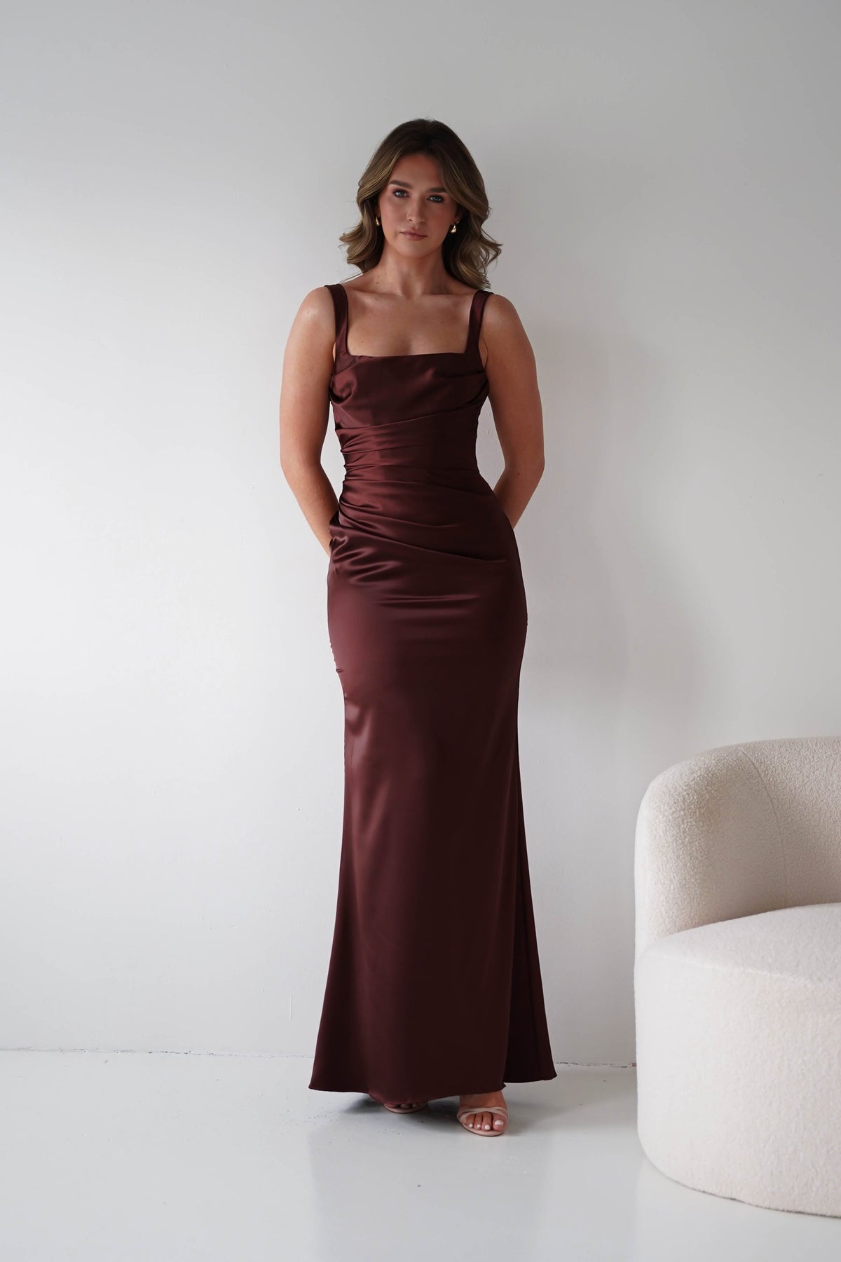 Addison Sqaure Neck Satin Maxi Dress | Espresso-Oh Hello Clothing