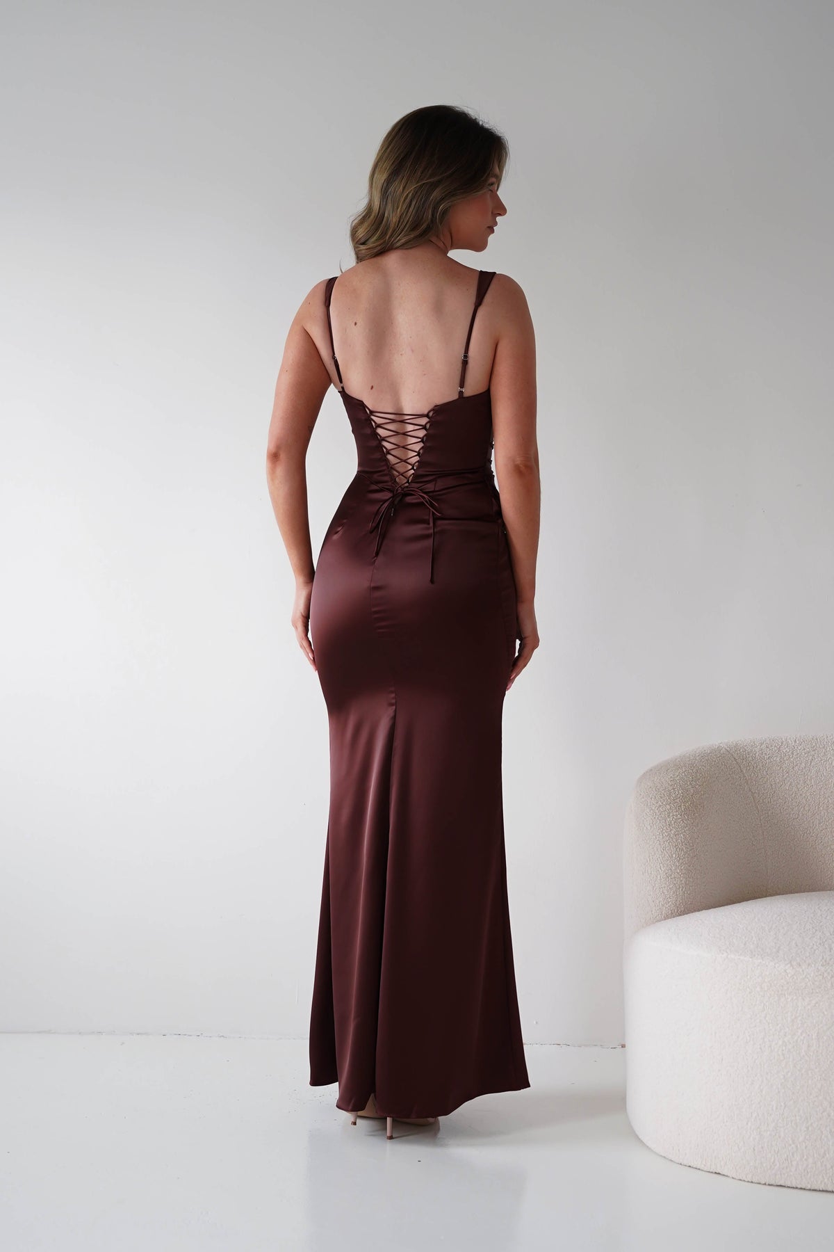 Addison Sqaure Neck Satin Maxi Dress | Espresso-Oh Hello Clothing
