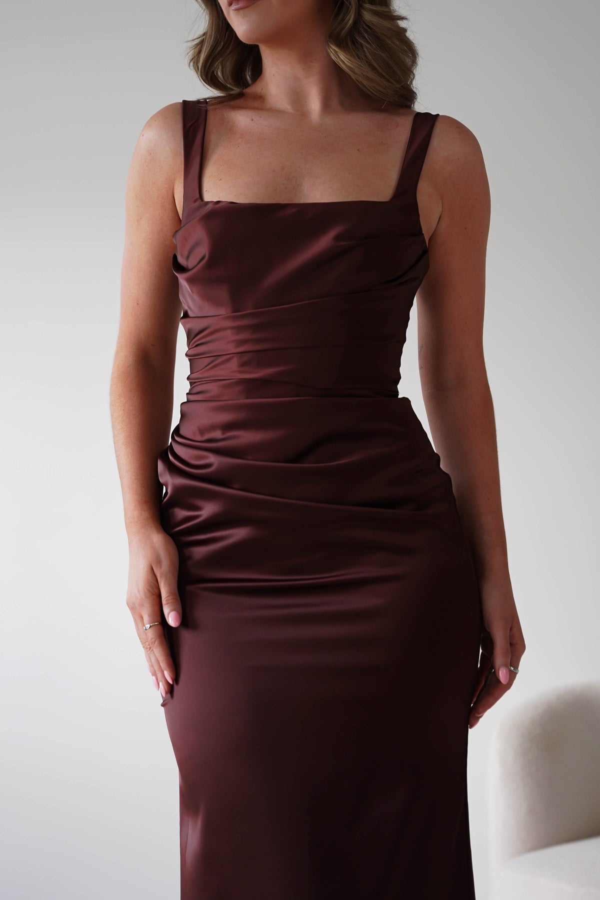 Addison Sqaure Neck Satin Maxi Dress | Espresso-Oh Hello Clothing