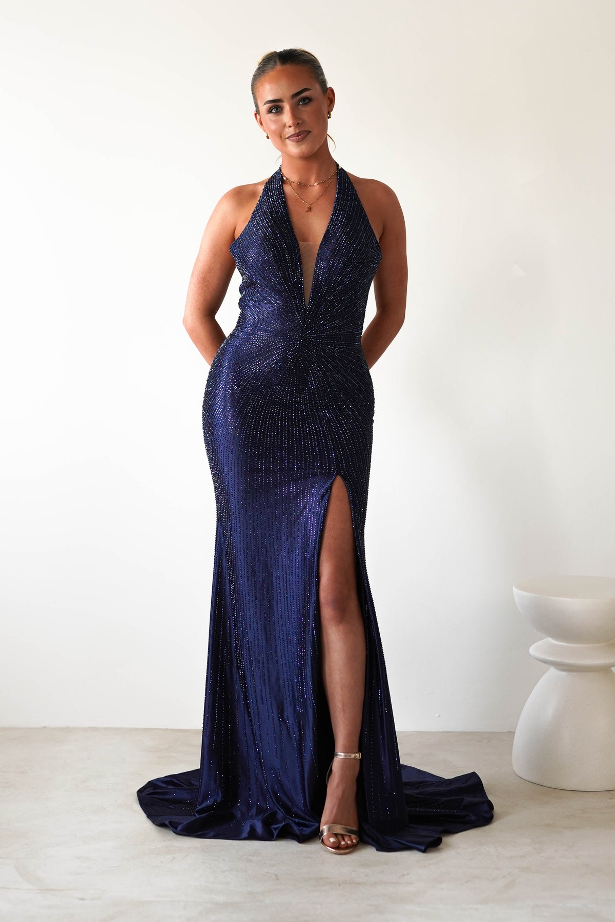 Adeline Rhinestone Halterneck Gown | Navy-Oh Hello Clothing