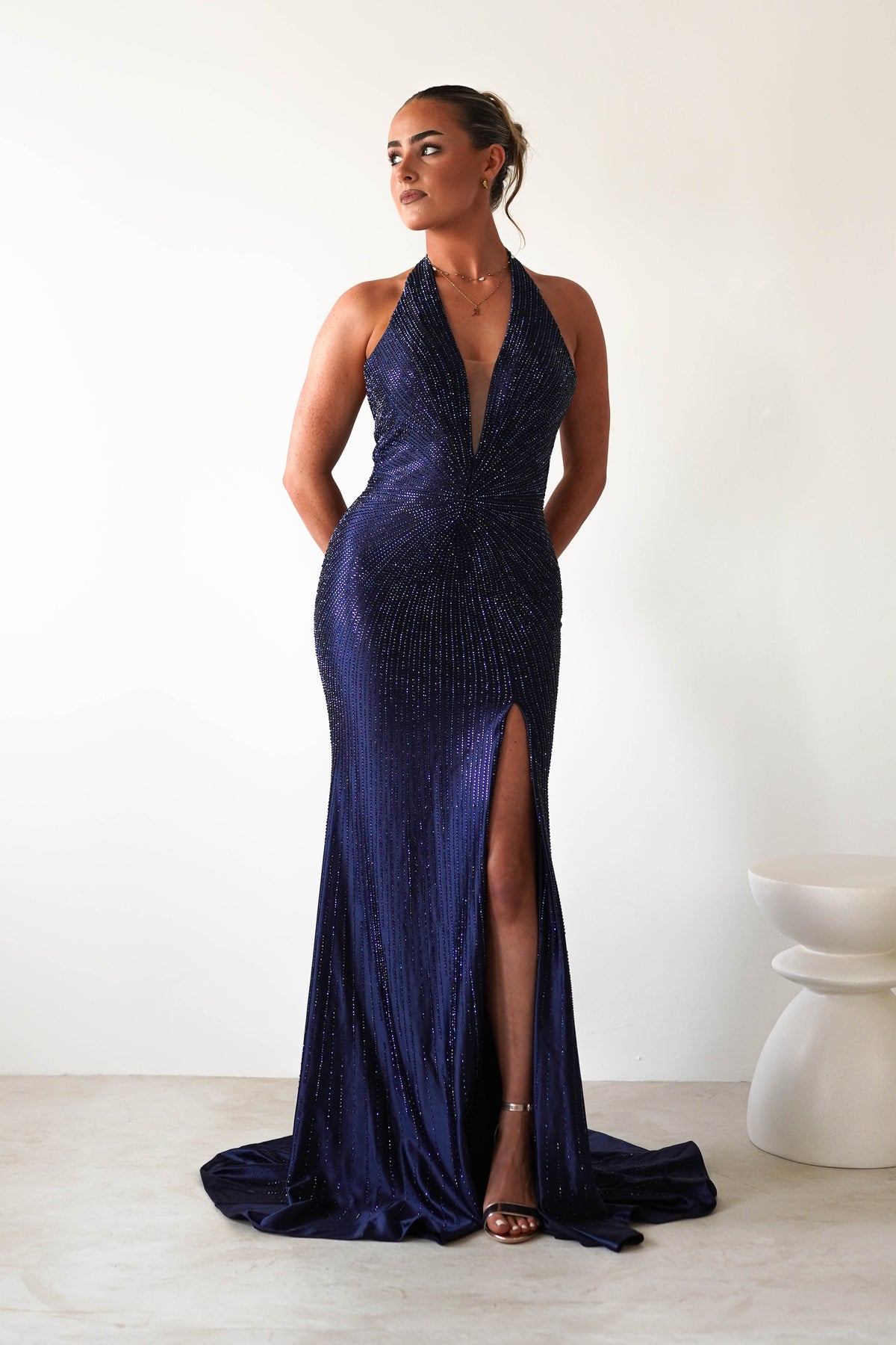 Adeline Rhinestone Halterneck Gown | Navy-Oh Hello Clothing