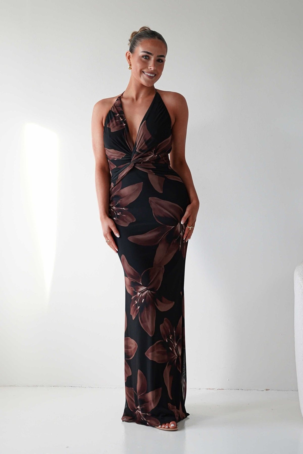 Adilah Halter Neck Floral Maxi Dress | Black/Brown-Oh Hello Clothing