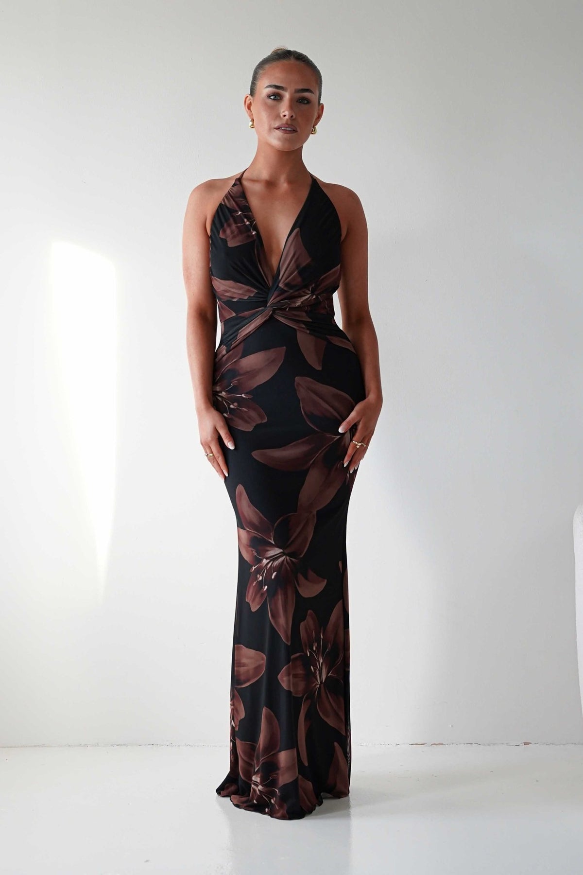Adilah Halter Neck Floral Maxi Dress | Black/Brown-Oh Hello Clothing
