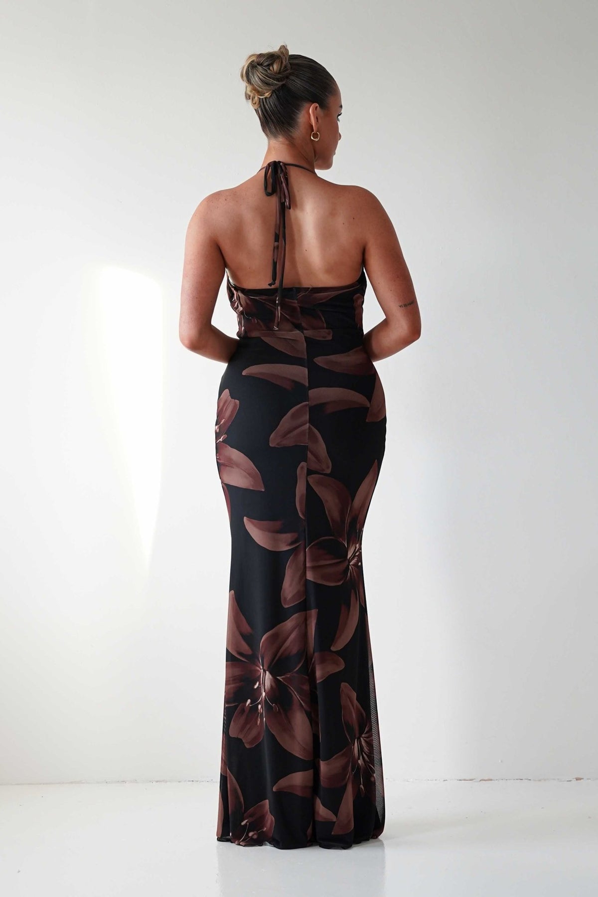 Adilah Halter Neck Floral Maxi Dress | Black/Brown-Oh Hello Clothing