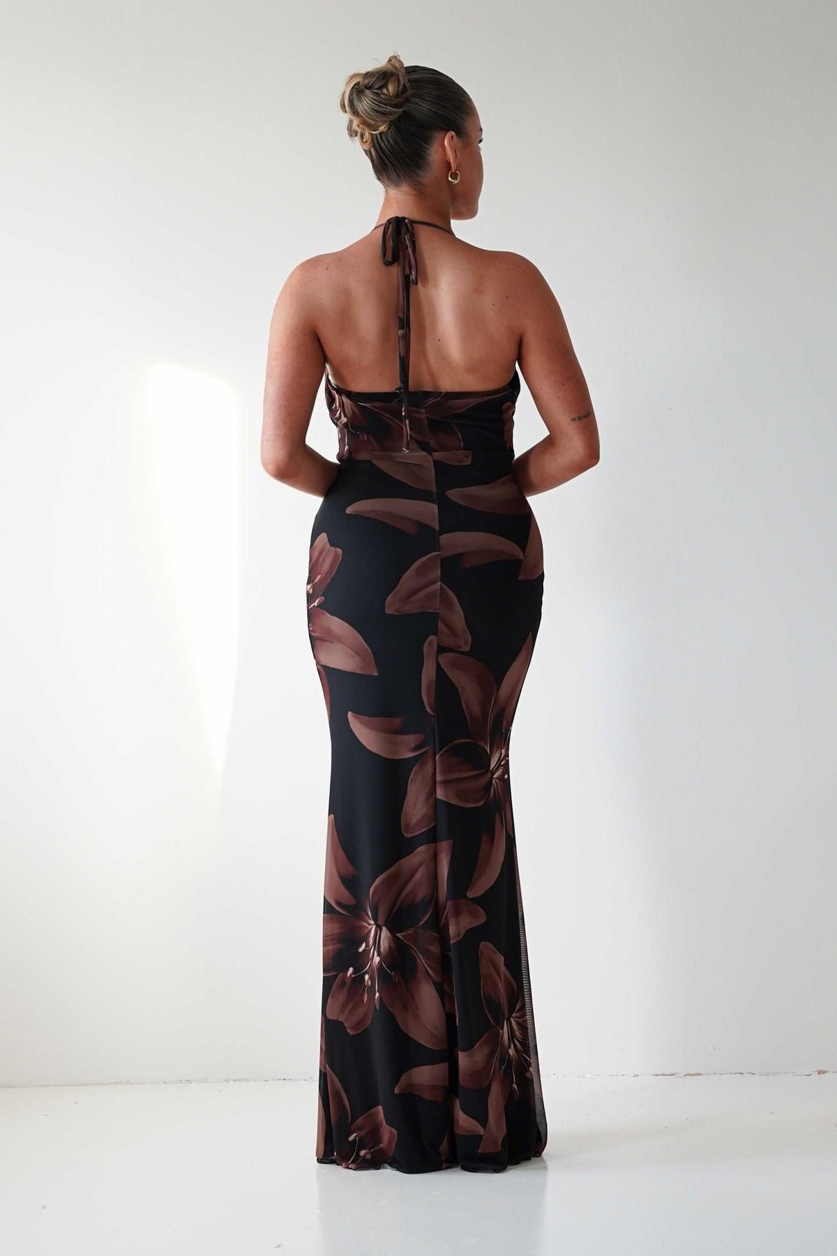 Adilah Halter Neck Floral Maxi Dress | Black/Brown-Oh Hello Clothing