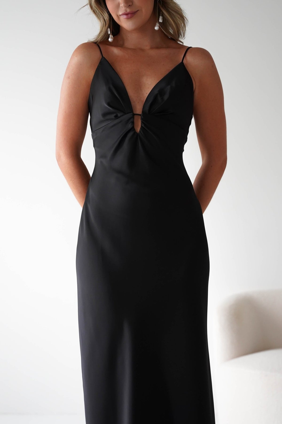 Adley Soft Satin Maxi Dress | Black-Oh Hello Clothing