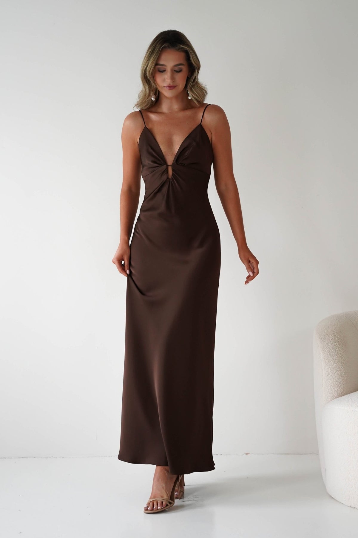 Adley Soft Satin Maxi Dress | Brown-Oh Hello Clothing