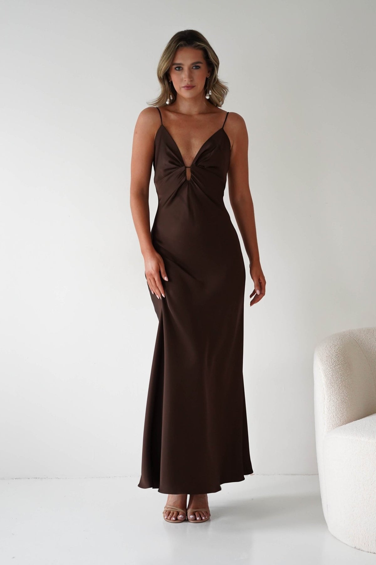 Adley Soft Satin Maxi Dress | Brown-Oh Hello Clothing