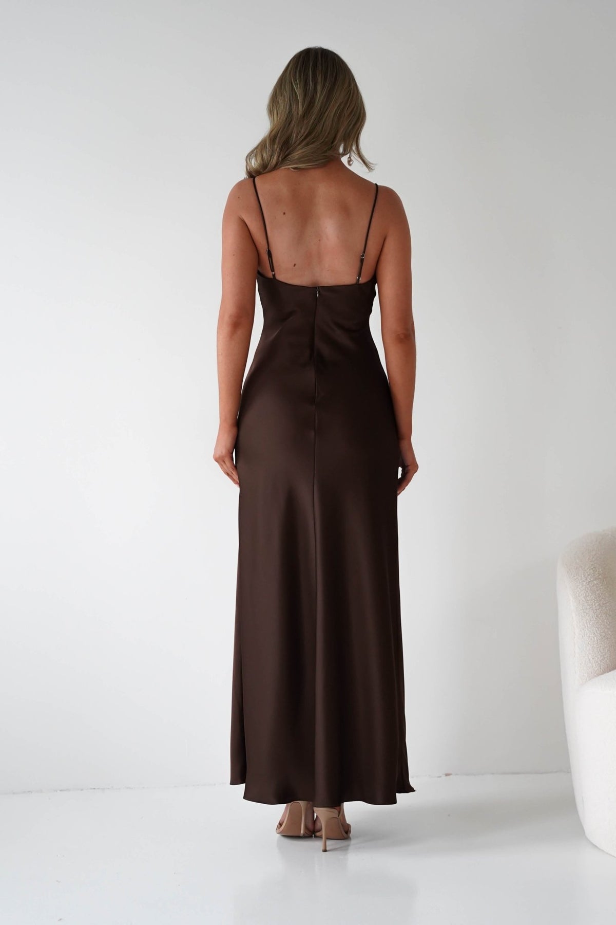 Adley Soft Satin Maxi Dress | Brown-Oh Hello Clothing