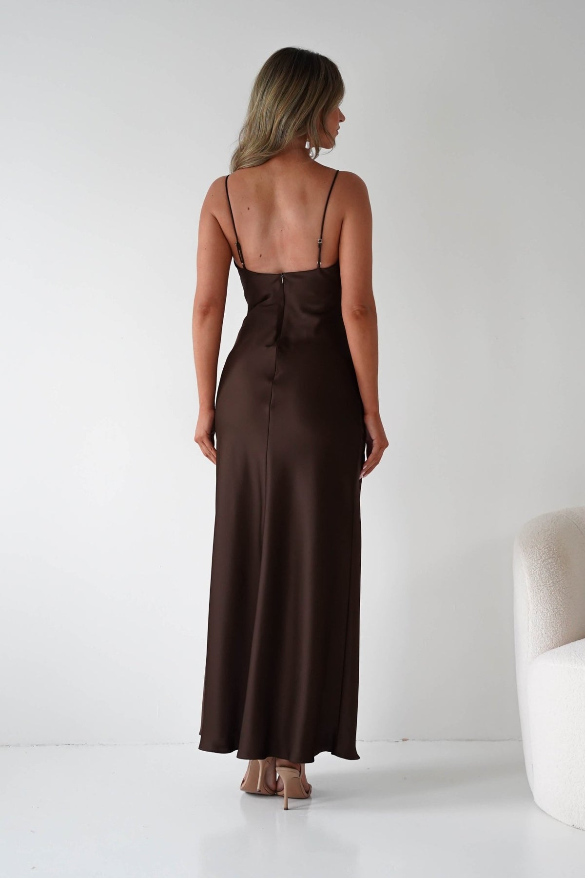 Adley Soft Satin Maxi Dress | Brown-Oh Hello Clothing