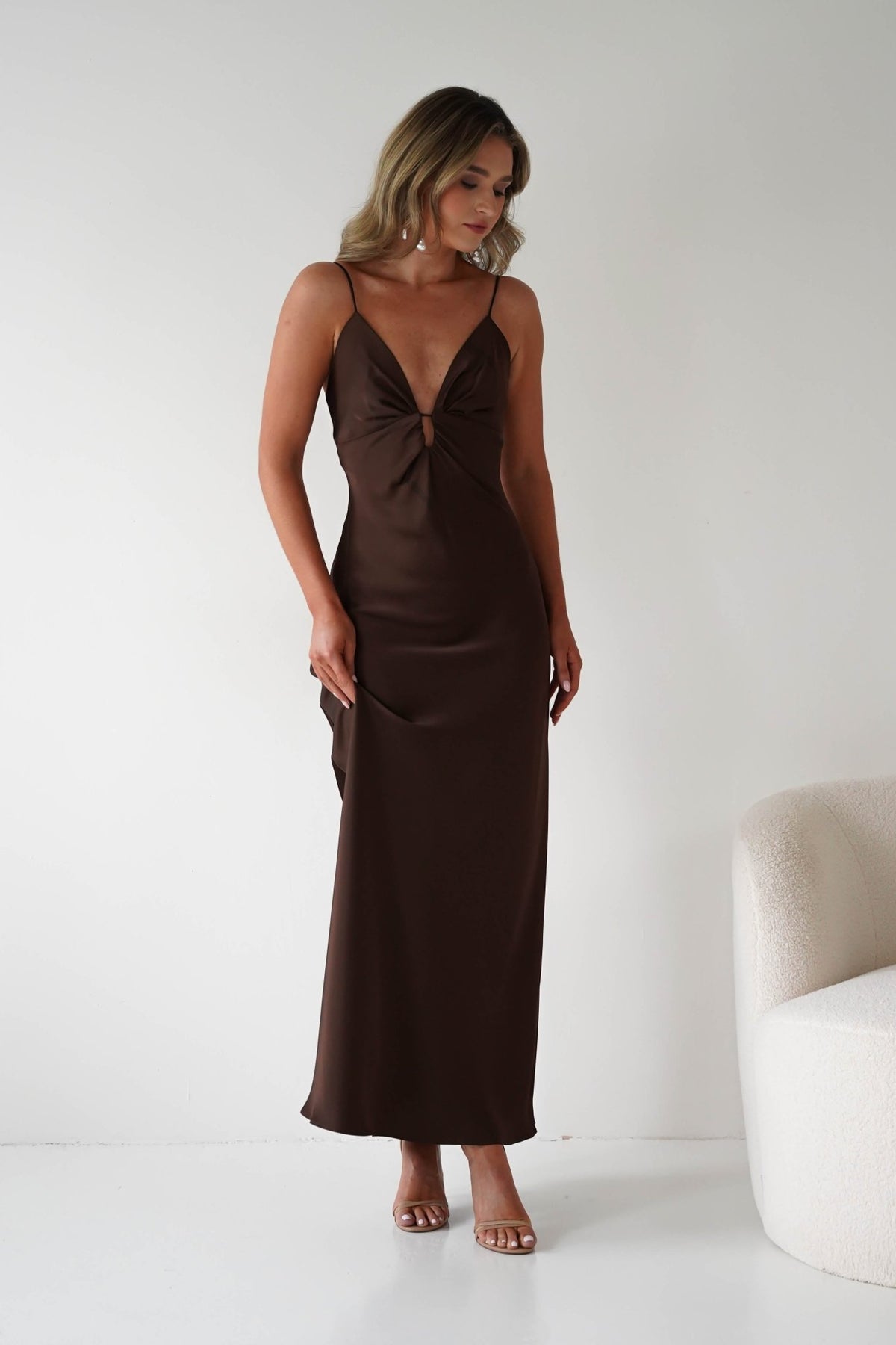 Adley Soft Satin Maxi Dress | Brown-Oh Hello Clothing