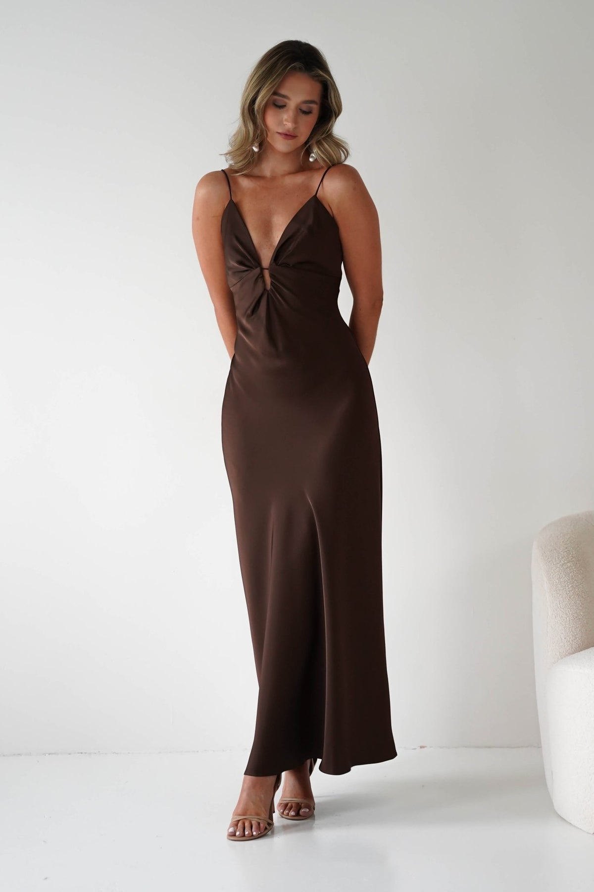 Adley Soft Satin Maxi Dress | Brown-Oh Hello Clothing