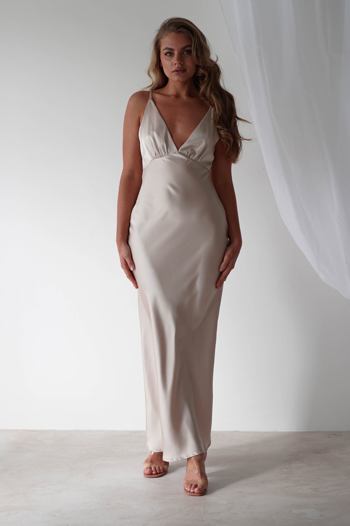 Aimie Soft Satin Maxi Dress | Champagne-Oh Hello Clothing