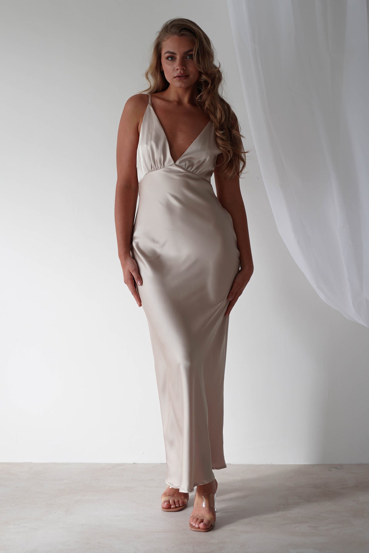Aimie Soft Satin Maxi Dress | Champagne-Oh Hello Clothing