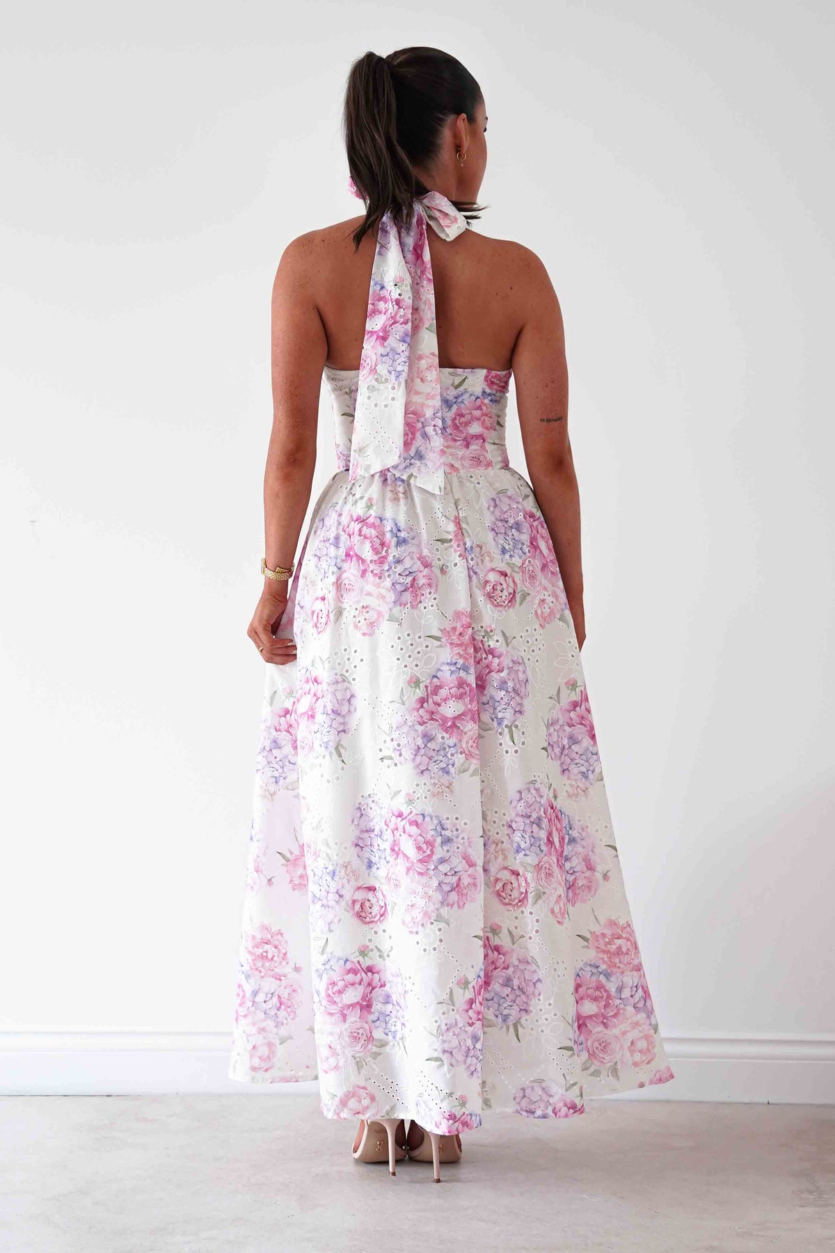 Alicia Broderie Floral Halterneck Midaxi Dress | White/Pink-Oh Hello Clothing