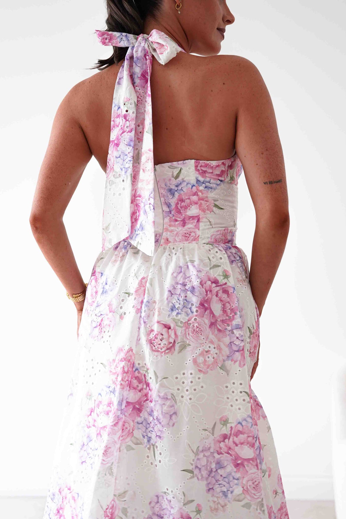 Alicia Broderie Floral Halterneck Midaxi Dress | White/Pink-Oh Hello Clothing